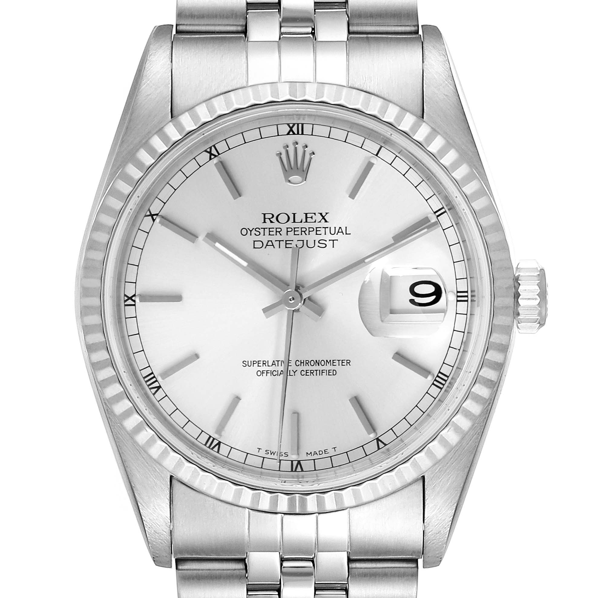 This is a front view of a Rolex Datejust 16234 Men's Stainless Steel Silver Dial 16234 Men's Stainless Steel Silver Dial watch, showcasing the dial, hands, date window, bezel, and bracelet.