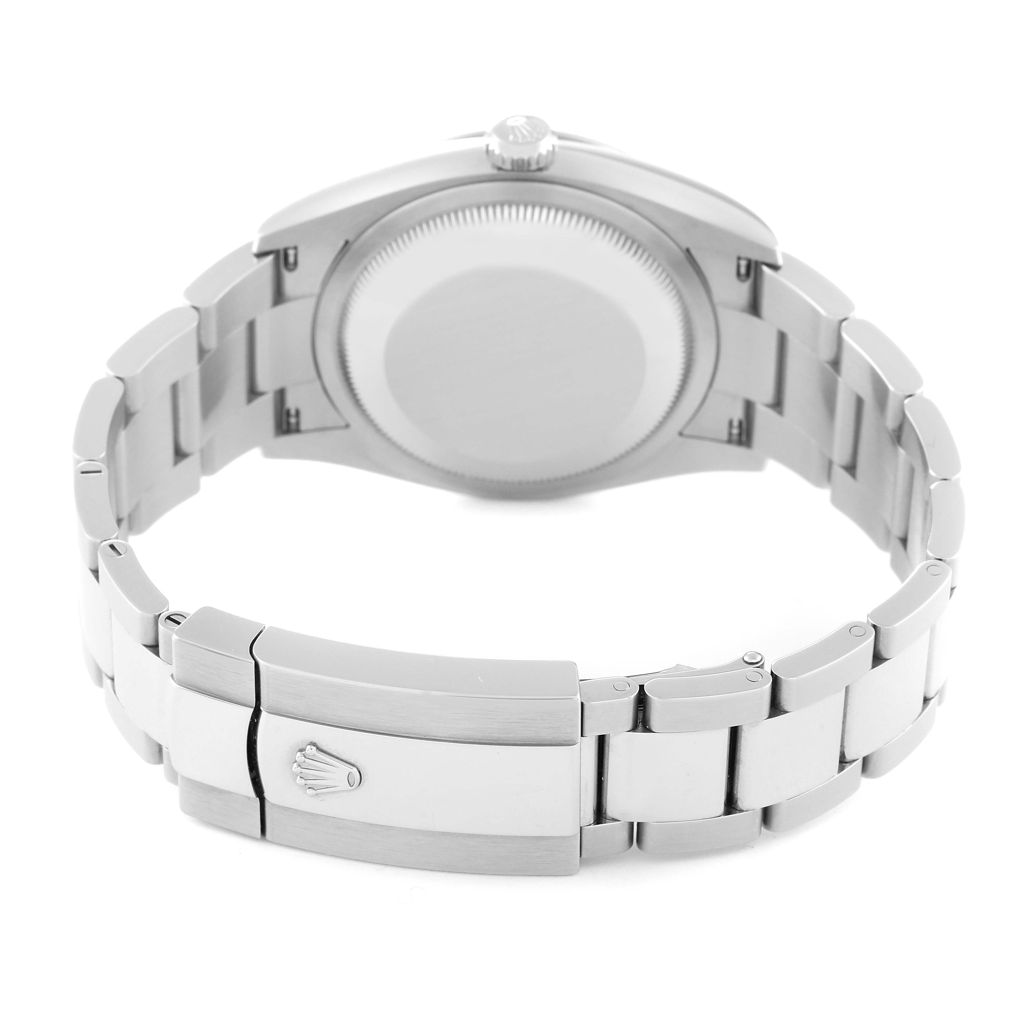 The image shows the back case and clasp of a Rolex Datejust 126234 Men's Stainless Steel Green Dial 126234 Men's Stainless Steel Green Dial watch, viewed from behind.