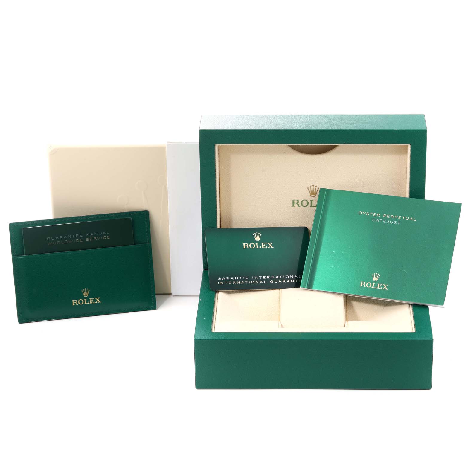 The image shows accessories for a Rolex Datejust 126234 Men's Stainless Steel Green Dial 126234 Men's Stainless Steel Green Dial, including the box, warranty card holder, and manuals.