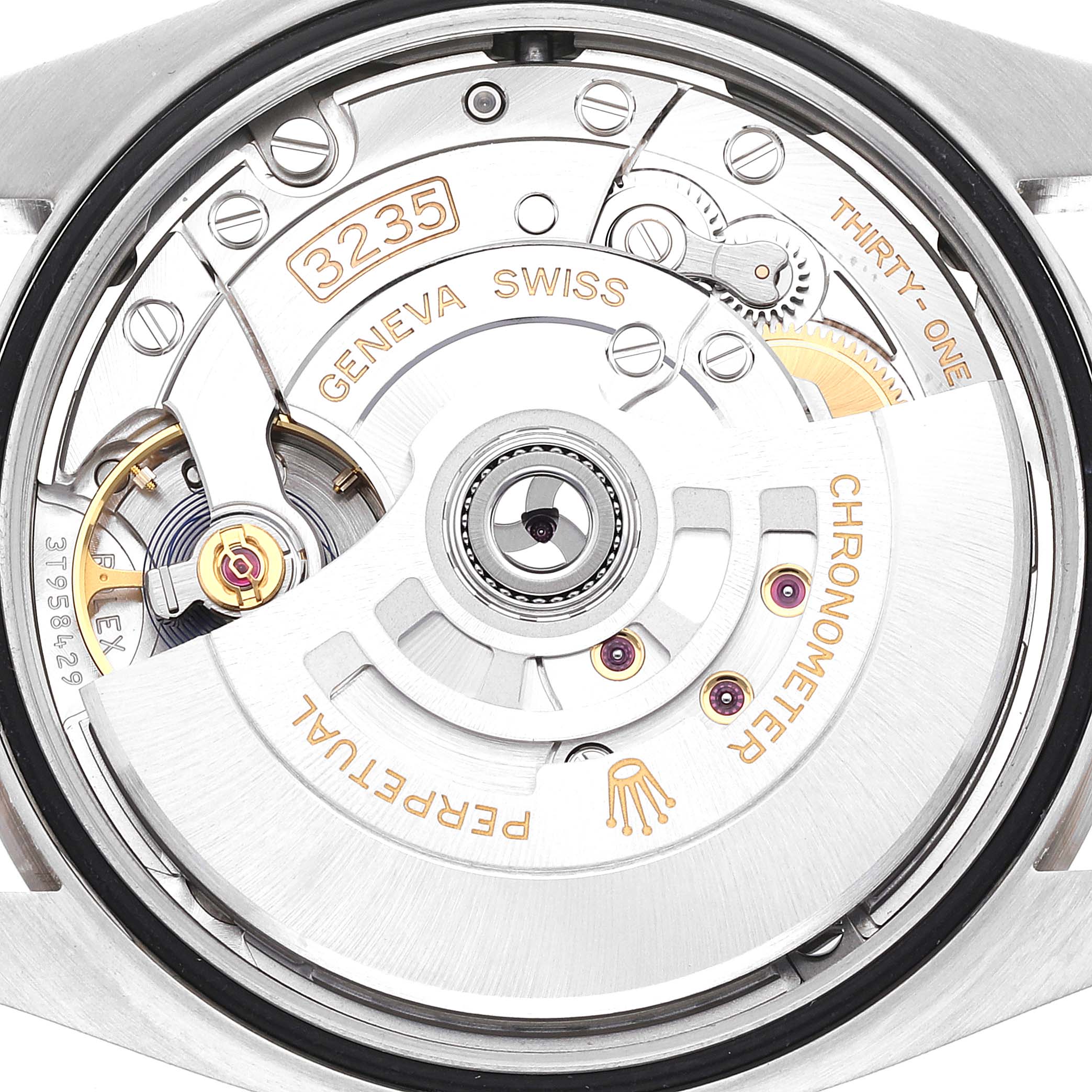 The image shows the internal mechanism of a Rolex Datejust 126234 Men's Stainless Steel Green Dial 126234 Men's Stainless Steel Green Dial watch, emphasizing the rotor and movement parts.