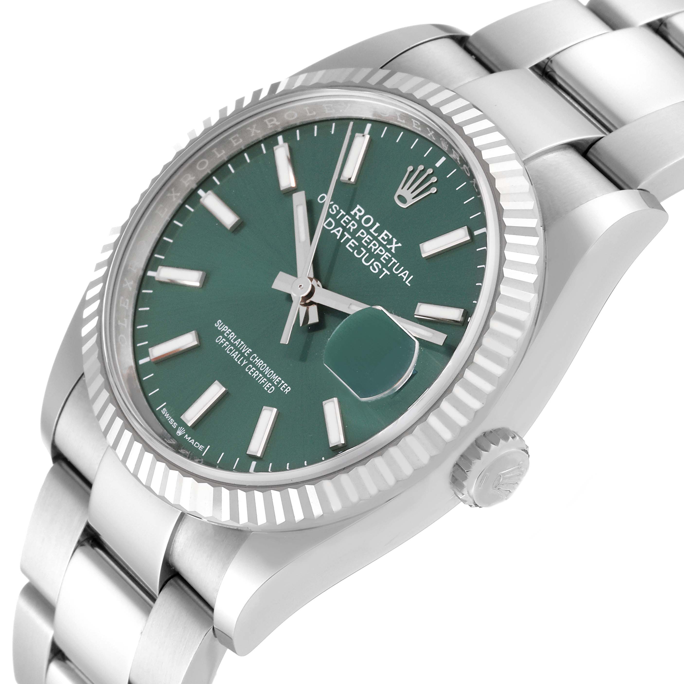 The image shows a close-up angle of a Rolex Datejust 126234 Men's Stainless Steel Green Dial 126234 Men's Stainless Steel Green Dial watch, highlighting the face, fluted bezel, and part of the bracelet.