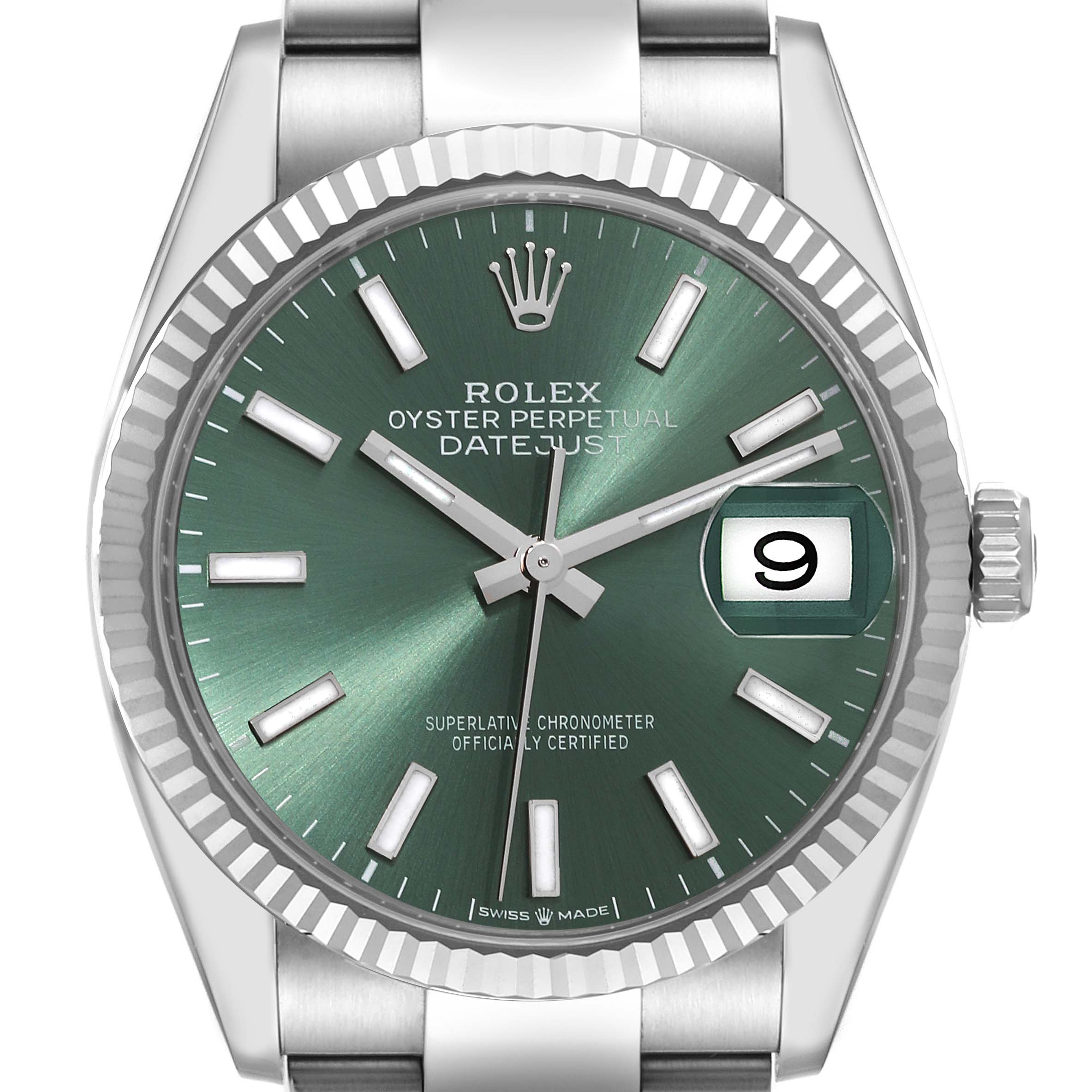 The image shows a front view of the Rolex Datejust 126234 Men's Stainless Steel Green Dial 126234 Men's Stainless Steel Green Dial watch with a green dial and date magnifier at 3 o'clock.