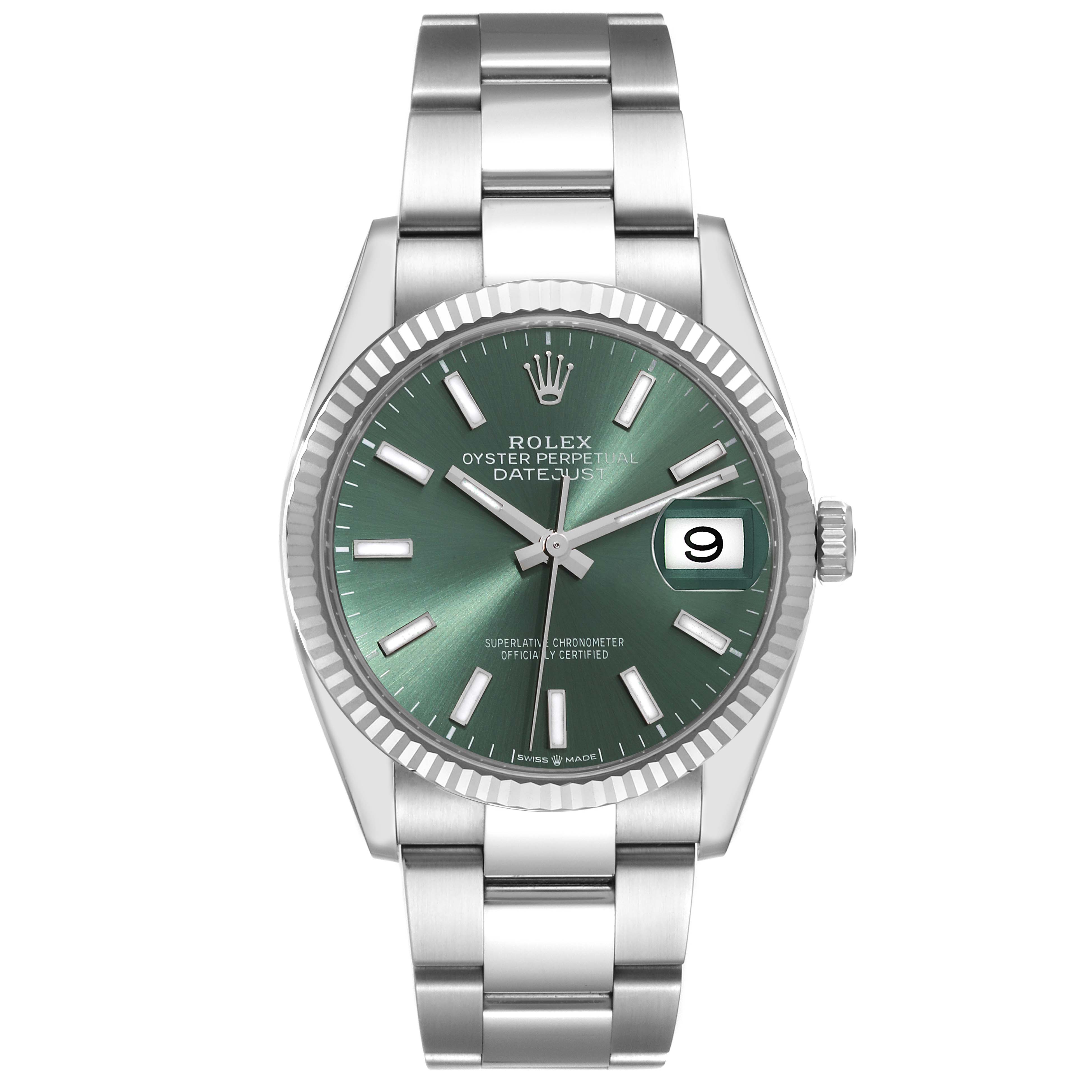 The Rolex Datejust 126234 Men's Stainless Steel Green Dial 126234 Men's Stainless Steel Green Dial watch is shown from the front, displaying its dial, bezel, case, and bracelet.