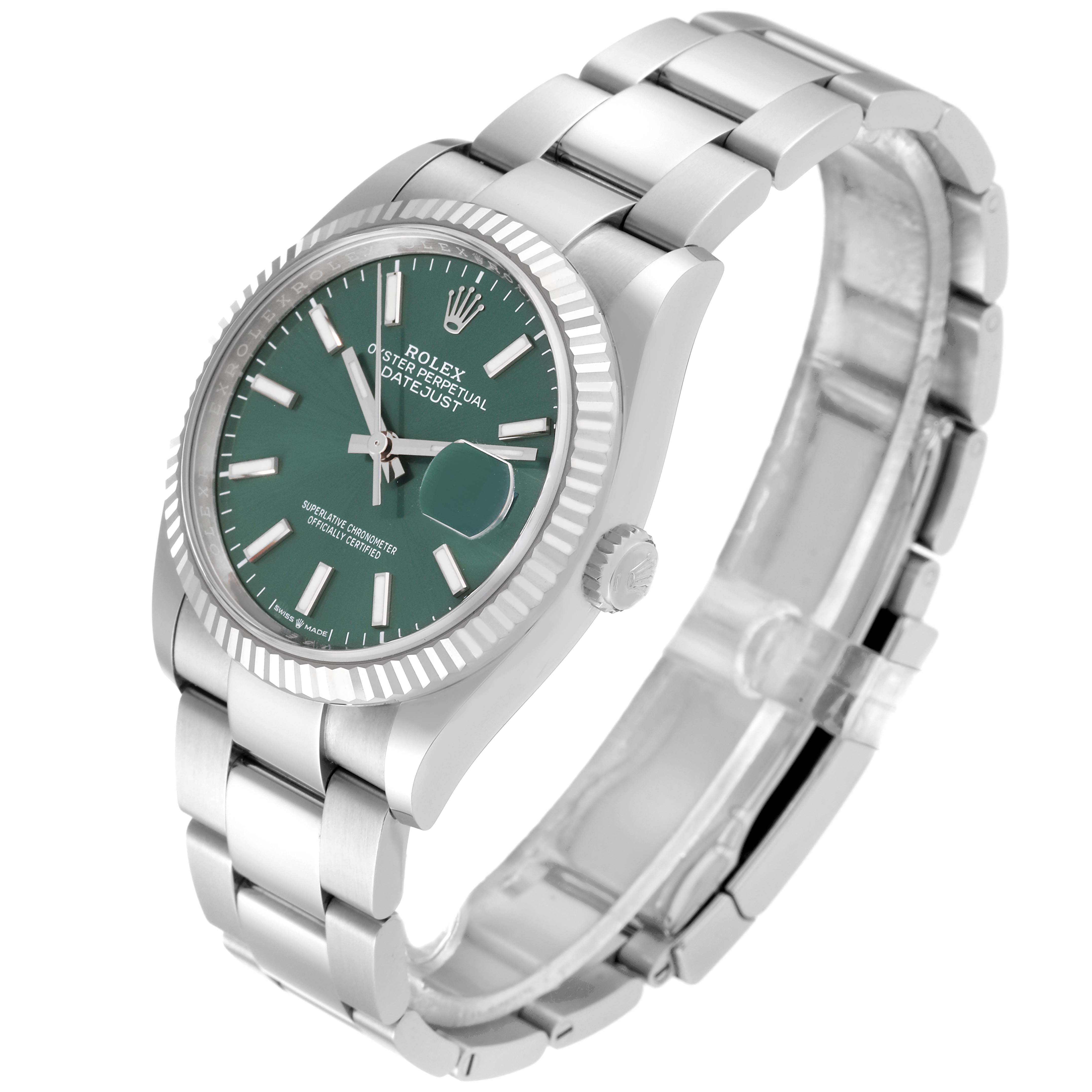 This image shows a Rolex Datejust 126234 Men's Stainless Steel Green Dial 126234 Men's Stainless Steel Green Dial watch from an angled top view, highlighting its green dial, stainless steel bracelet, and fluted bezel.