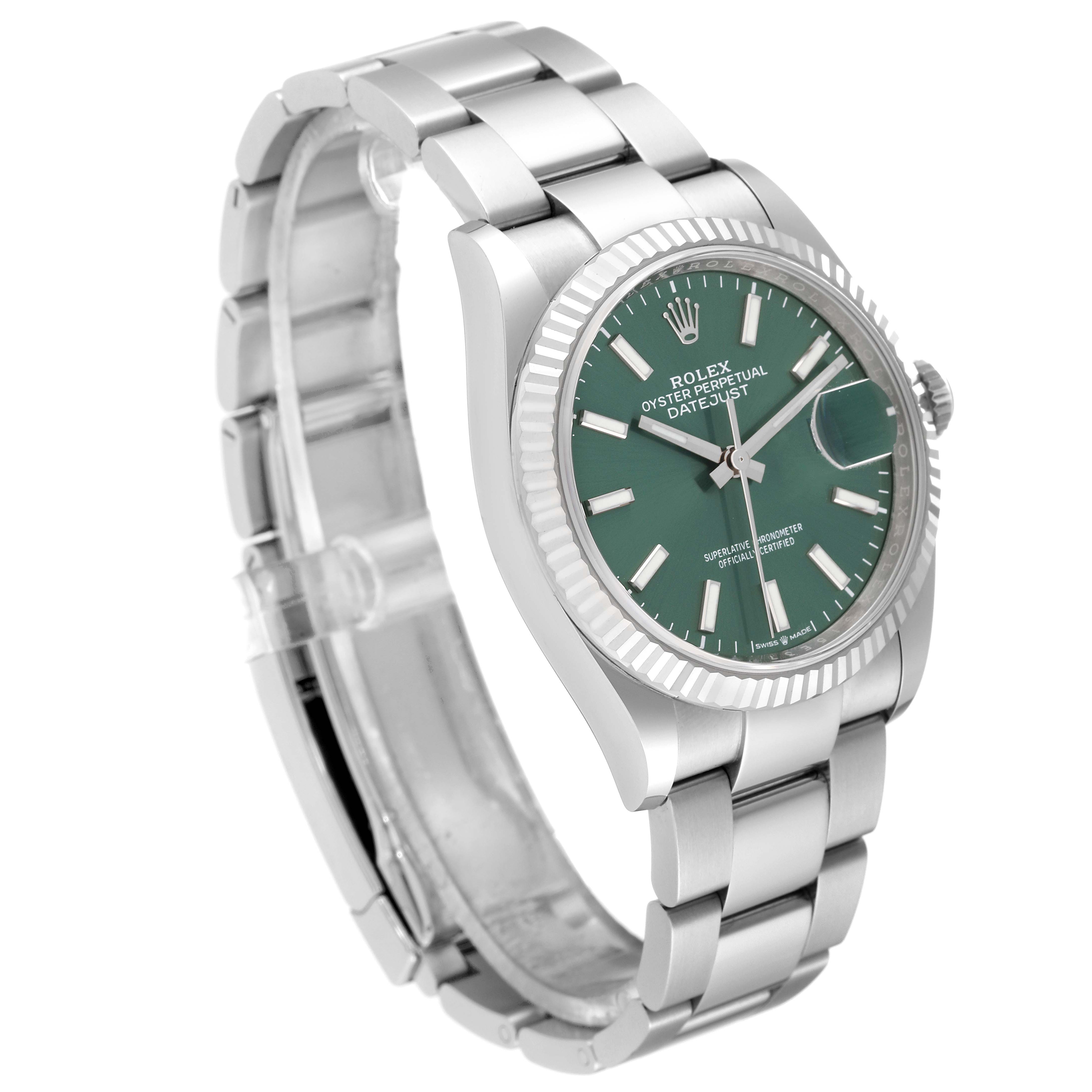 The image shows a Rolex Datejust 126234 Men's Stainless Steel Green Dial 126234 Men's Stainless Steel Green Dial watch from a slightly angled side view, highlighting the dial, bezel, and bracelet.