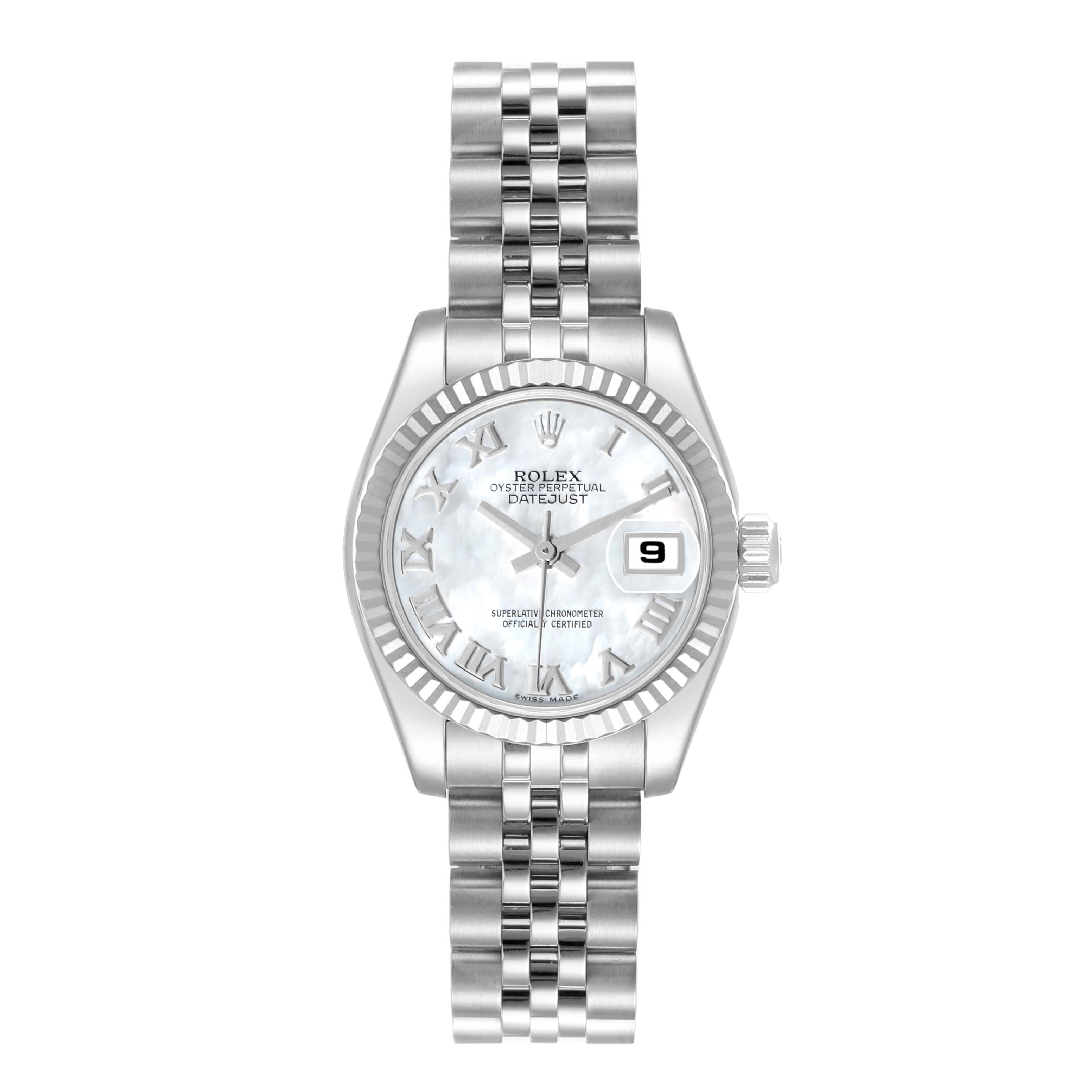 The image shows a front-facing view of a Rolex Datejust 179174 Women's Stainless Steel Mother of Pearl Dial 179174 Women's Stainless Steel Mother of Pearl Dial watch, including the watch face, dial, and bracelet.