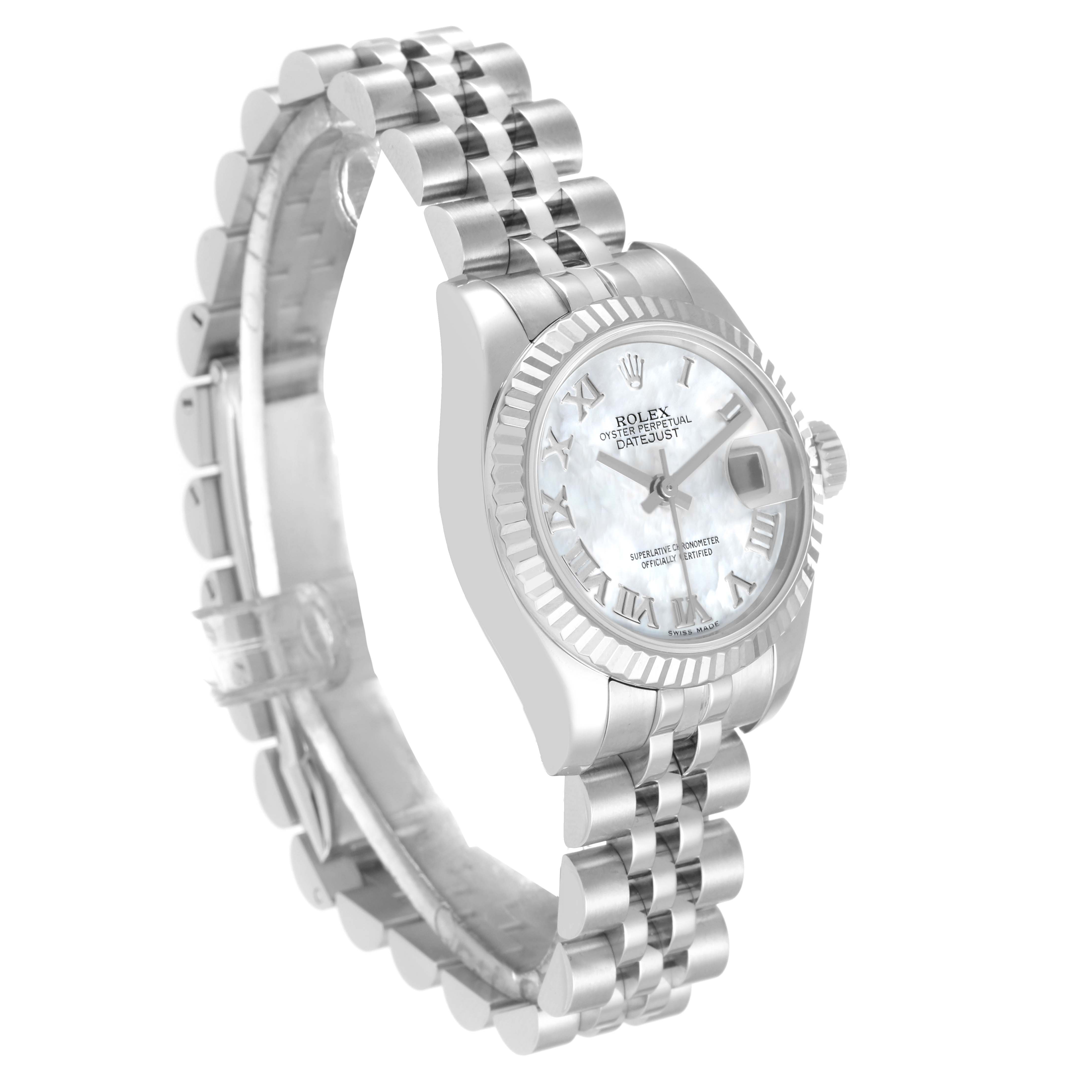 This is a side view of a Rolex Datejust 179174 Women's Stainless Steel Mother of Pearl Dial 179174 Women's Stainless Steel Mother of Pearl Dial, showing the bracelet, case, dial, and fluted bezel.