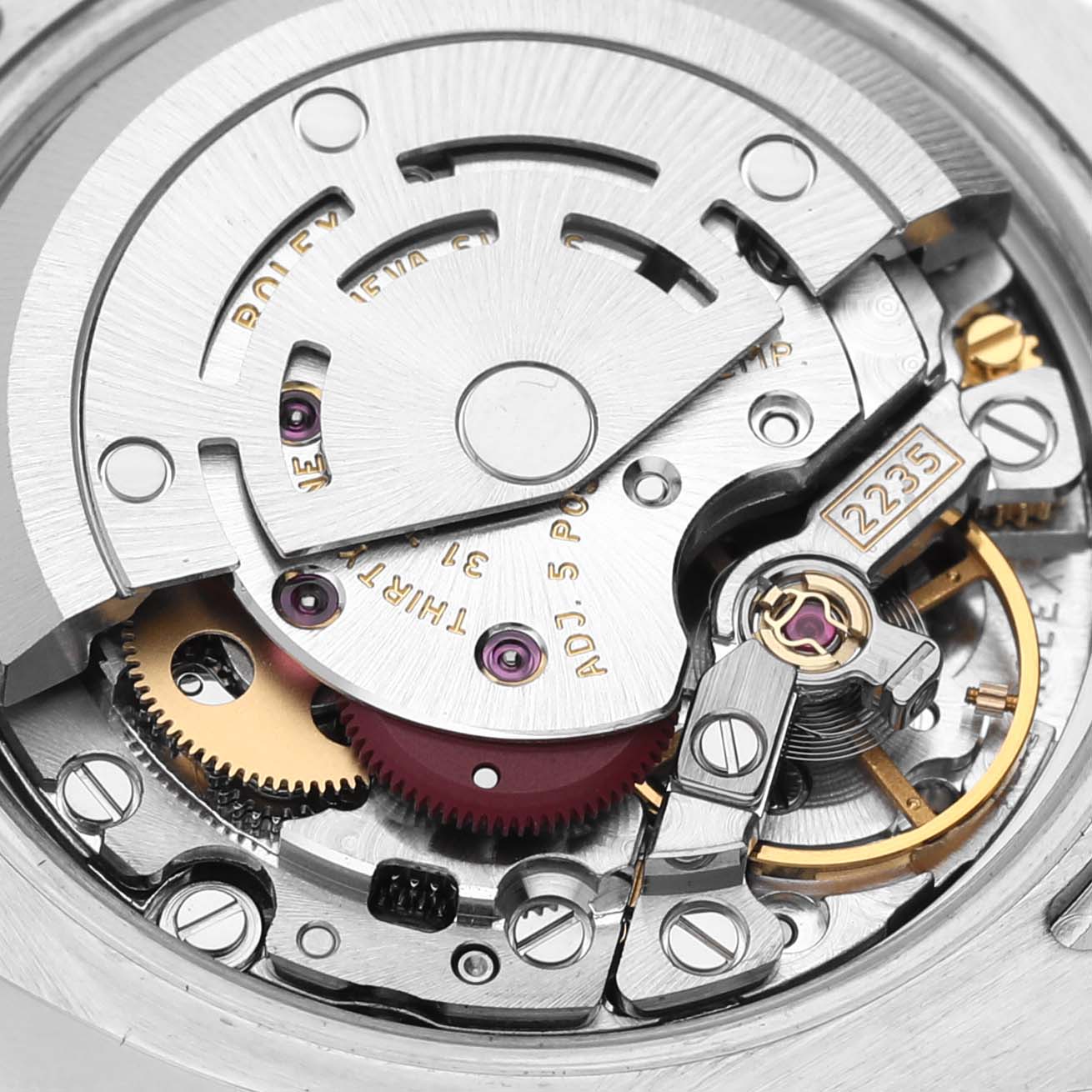 The image shows a close-up of the internal movement mechanism of the Rolex Datejust 179174 Women's Stainless Steel Mother of Pearl Dial 179174 Women's Stainless Steel Mother of Pearl Dial watch.