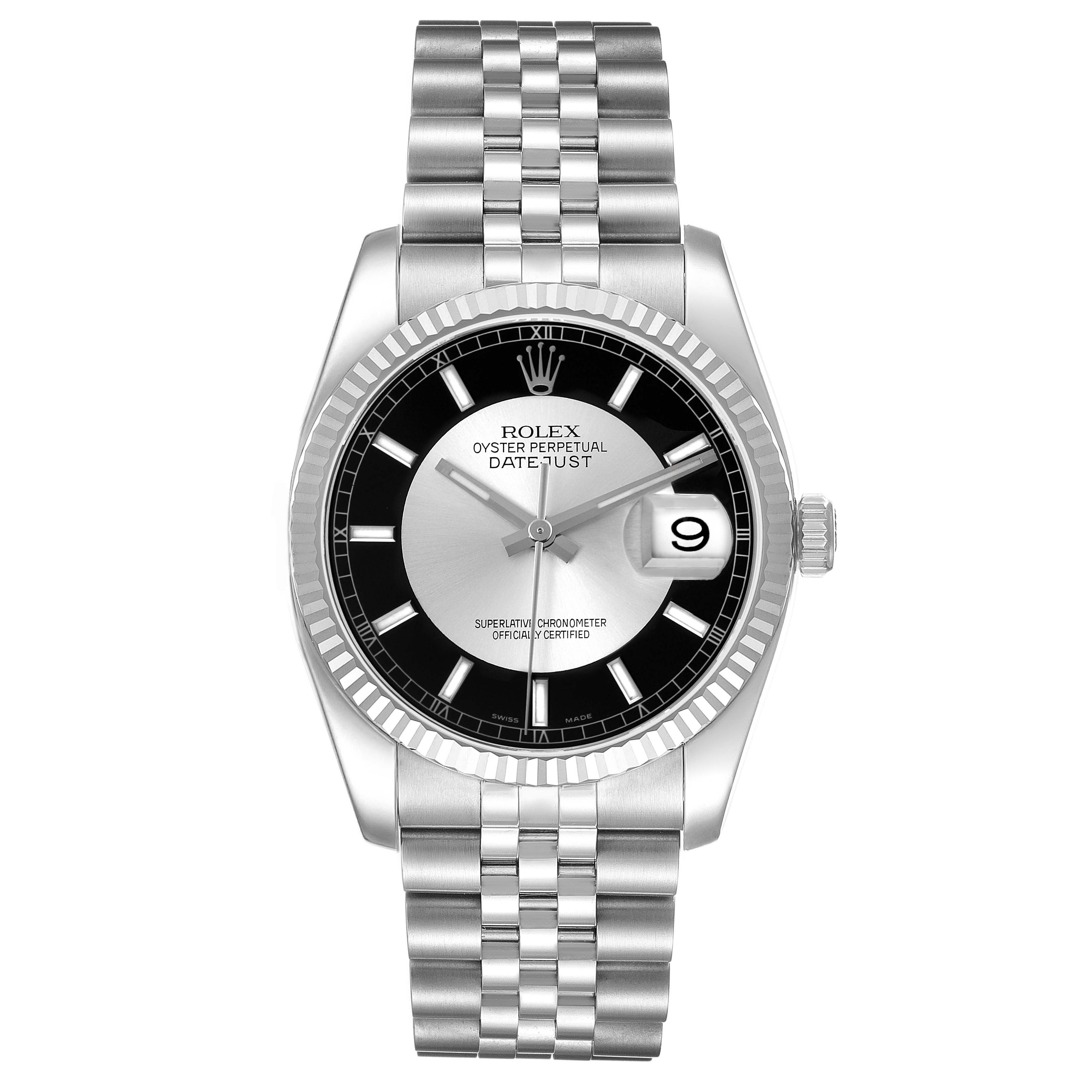 The Rolex Datejust 116234 Men's Stainless Steel Black Dial 116234 Men's Stainless Steel Black Dial watch is shown from a direct front angle, displaying the face, bezel, bracelet, and crown.