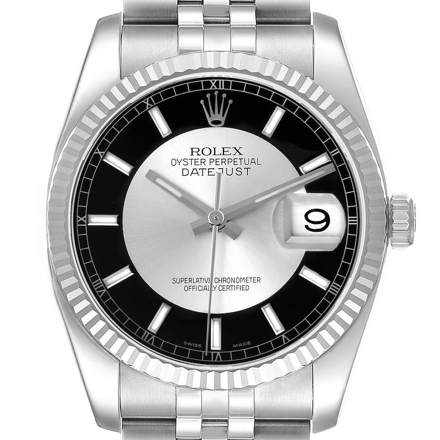 The image shows a frontal view of a Rolex Datejust watch, highlighting the dial, fluted bezel, and bracelet.