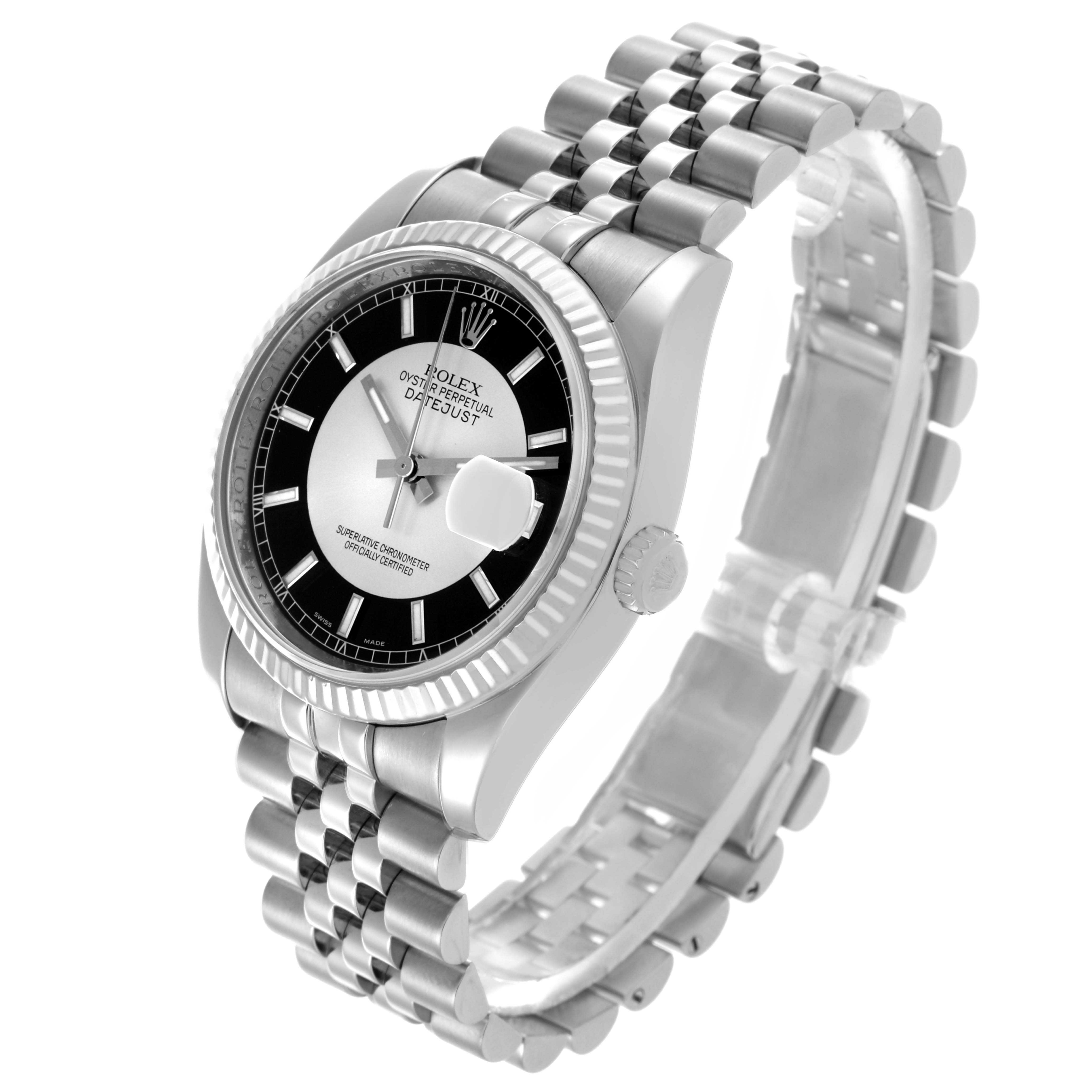 The Rolex Datejust 116234 Men's Stainless Steel Black Dial 116234 Men's Stainless Steel Black Dial watch is shown at a three-quarter angle, displaying the dial, bezel, crown, and part of the bracelet.