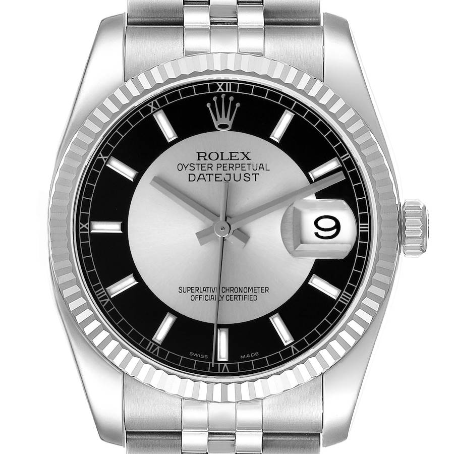 The Rolex Datejust watch is shown from a top-down angle, highlighting the face, bezel, crown, and part of the bracelet.