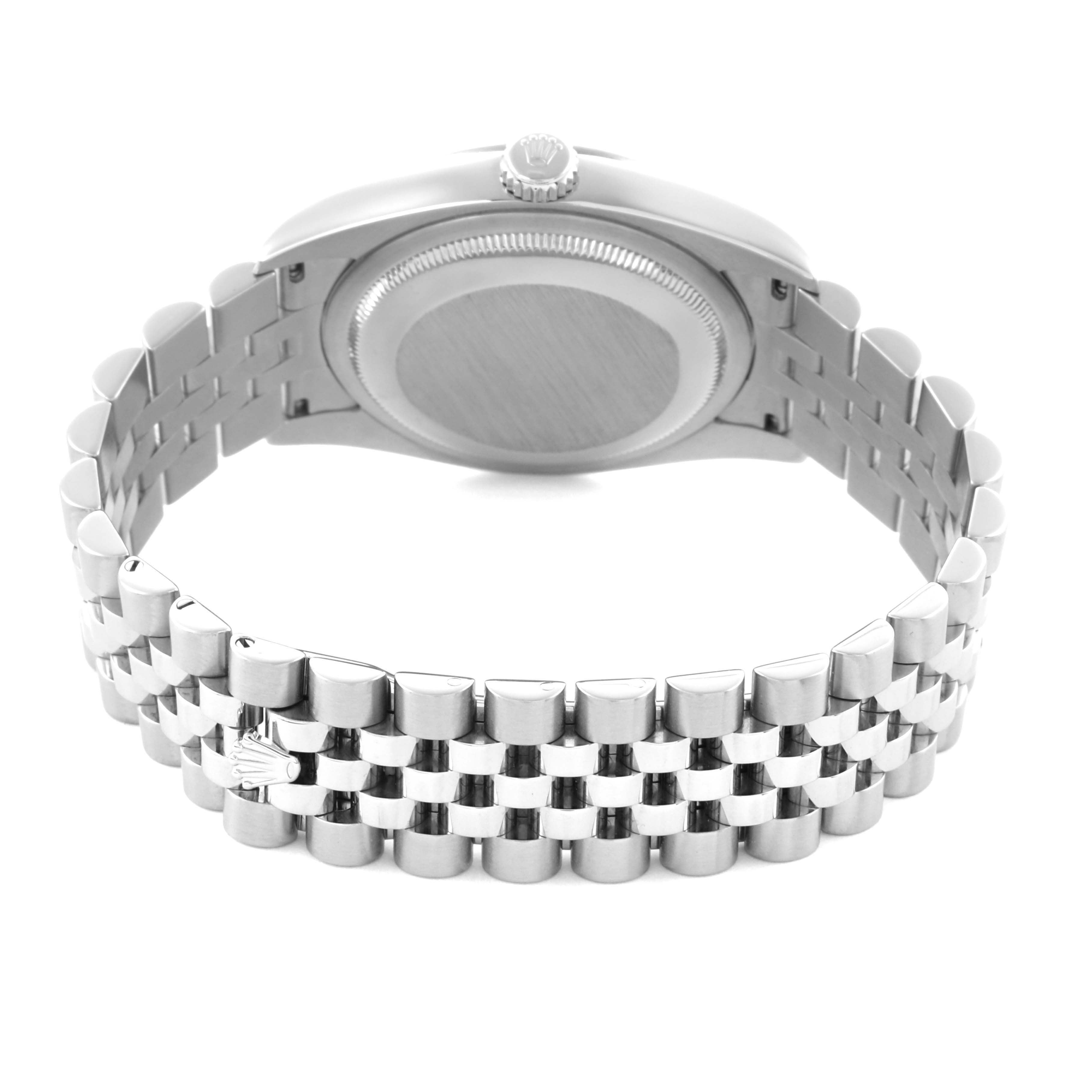 The image shows the back view of a Rolex Datejust 116234 Men's Stainless Steel Black Dial 116234 Men's Stainless Steel Black Dial watch, focusing on the case back and Jubilee bracelet.