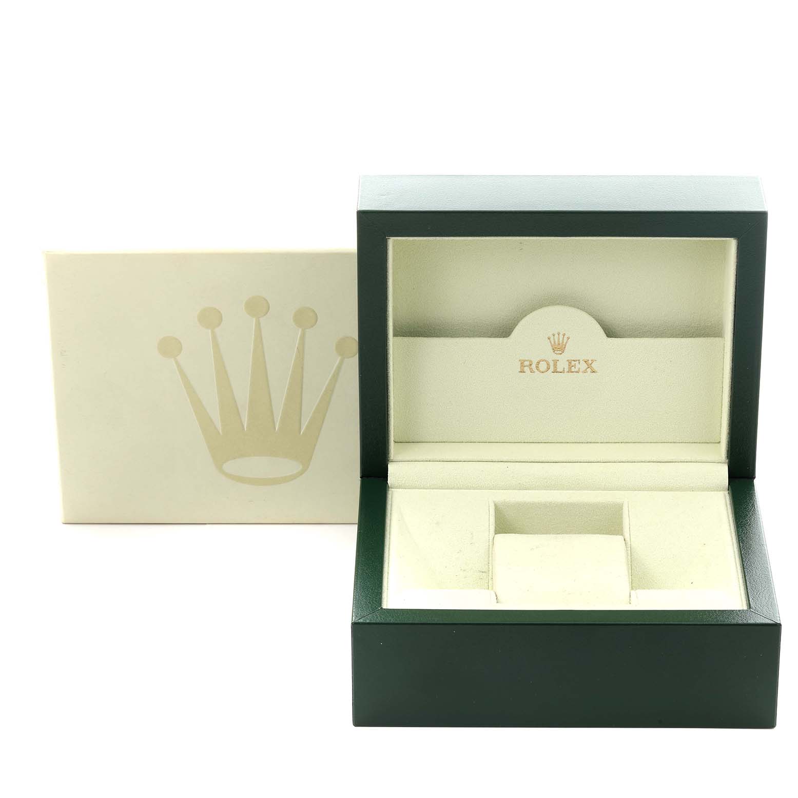 The image shows an open green watch box for a Rolex Datejust 116234 Men's Stainless Steel Black Dial 116234 Men's Stainless Steel Black Dial, with a cushioned interior and an outer packaging featuring the Rolex logo.