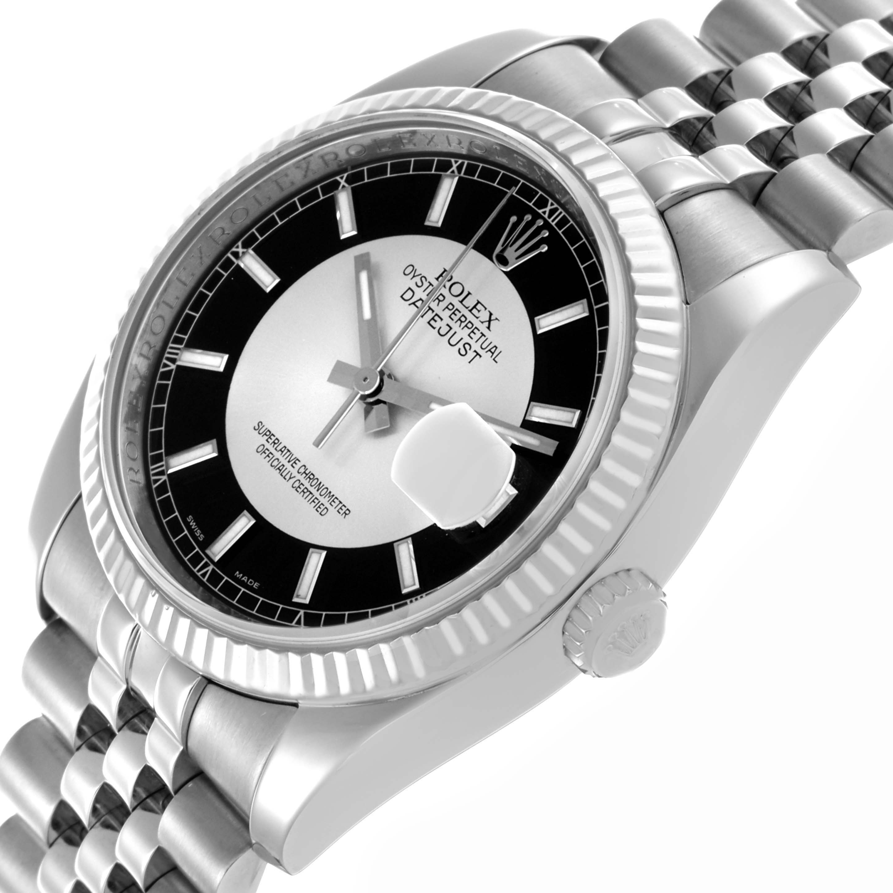 The Rolex Datejust 116234 Men's Stainless Steel Black Dial 116234 Men's Stainless Steel Black Dial watch is shown at an angled side view, highlighting the dial, bezel, and bracelet.