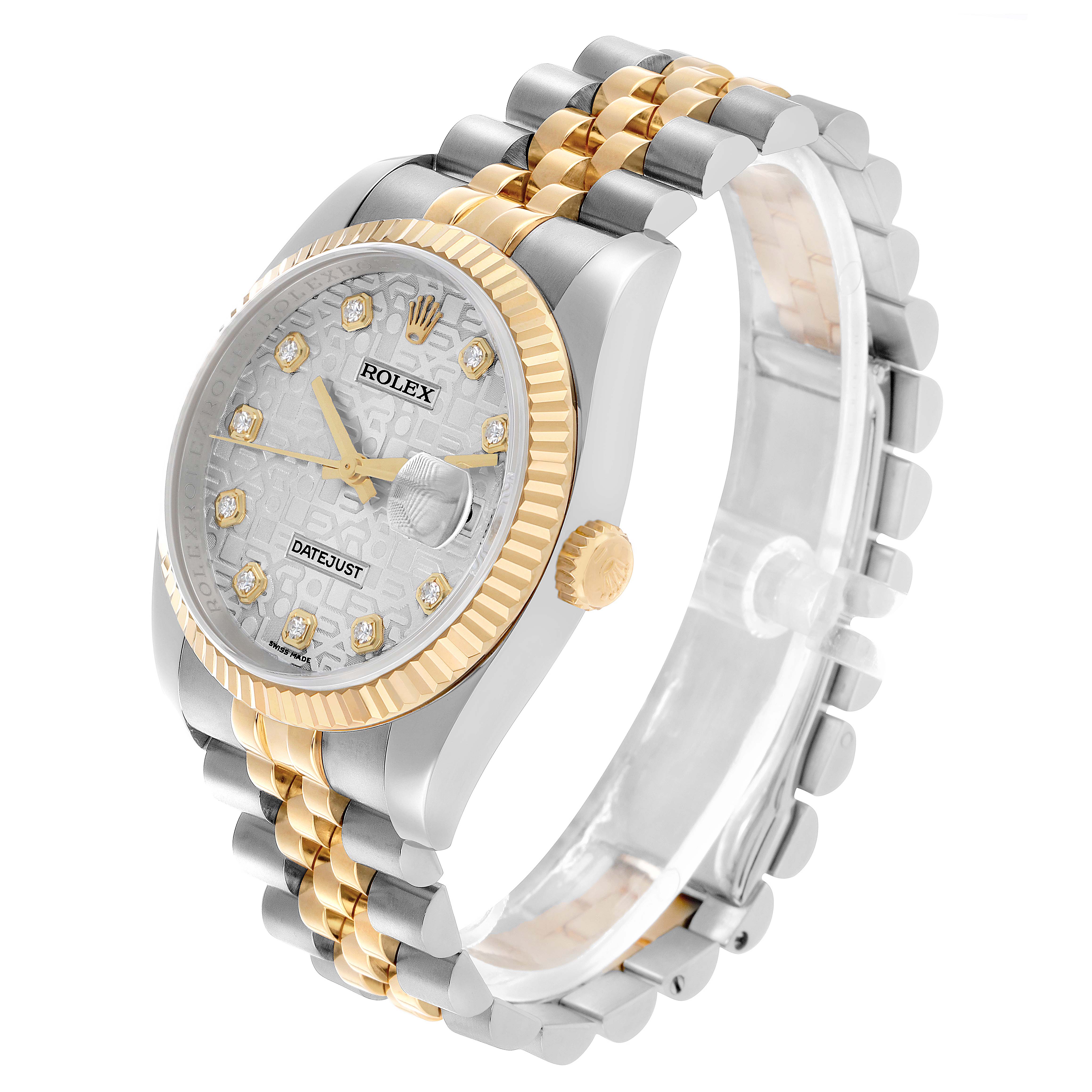 The Rolex Datejust 116233 Men's Steel and Gold (two tone) Silver Dial watch is shown from a slight angle, displaying the face, bezel, crown, and Jubilee bracelet.