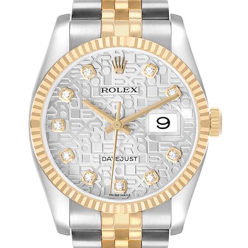 The image shows a front view of a Rolex Datejust 116233 Men's Steel and Gold (two tone) Silver Dial, featuring the dial, bezel, crown, and partial bracelet.