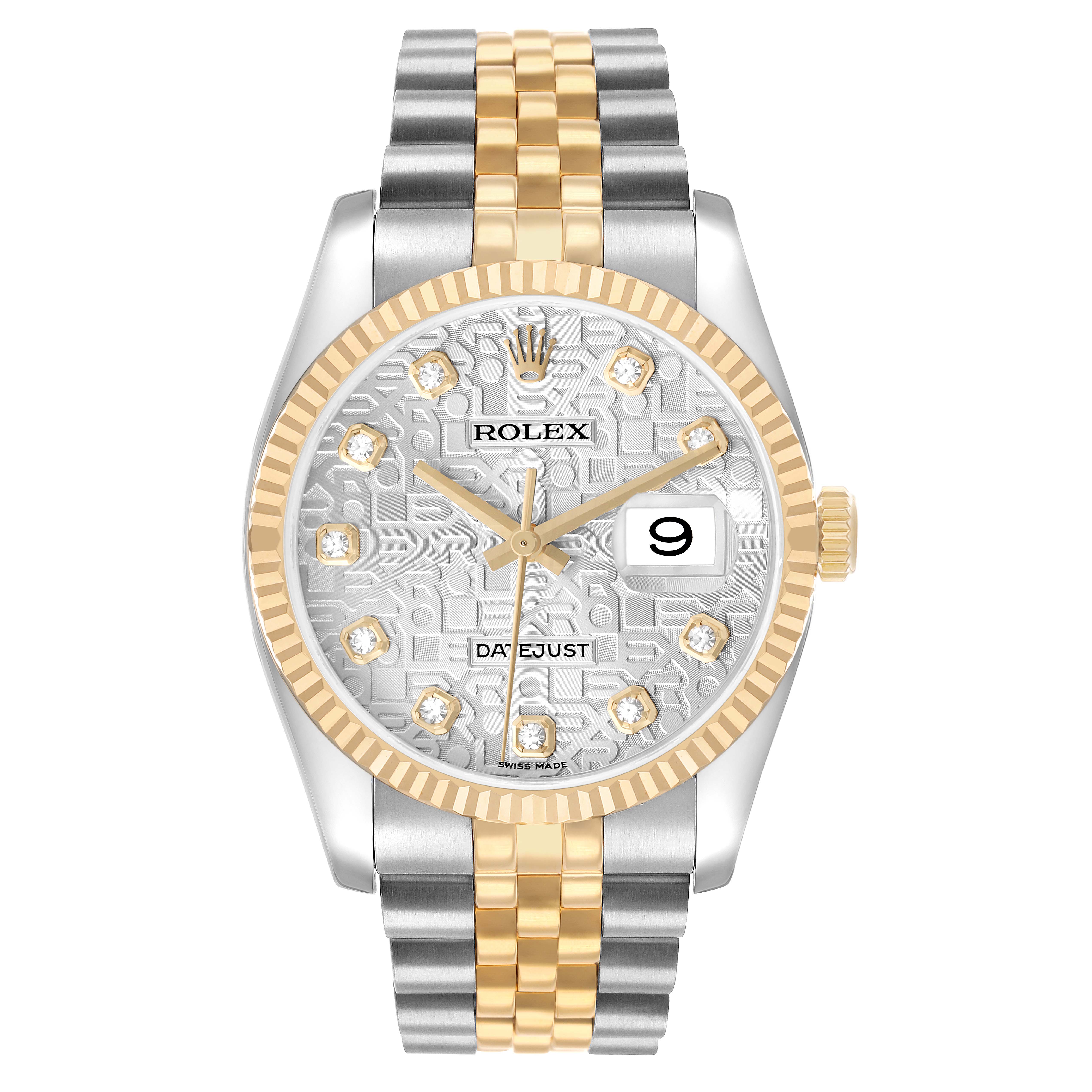 The Rolex Datejust 116233 Men's Steel and Gold (two tone) Silver Dial watch is shown from the front, highlighting the face, bezel, crown, and two-tone bracelet.