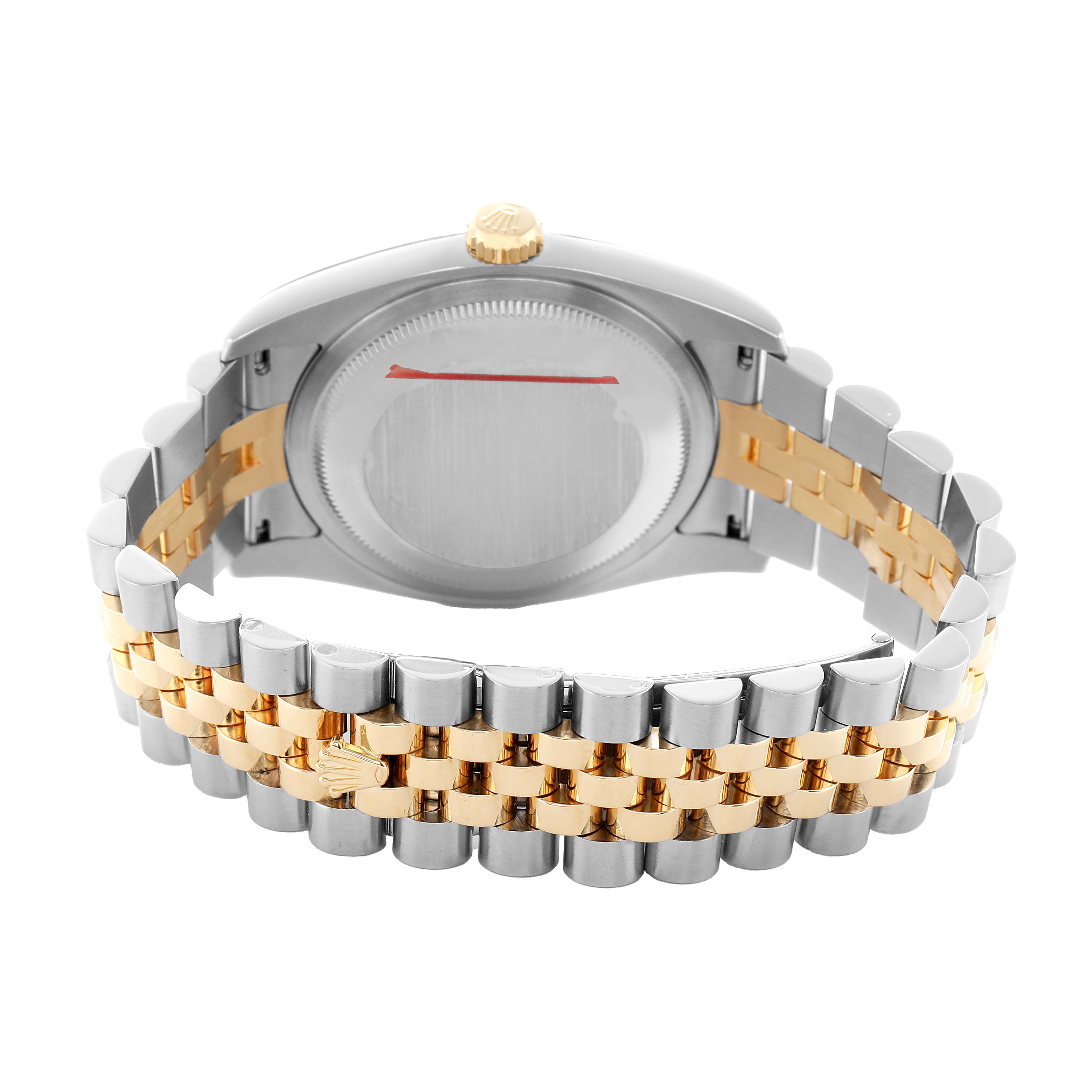 The image shows the back view of a Rolex Datejust 116233 Men's Steel and Gold (two tone) Silver Dial watch, highlighting the bracelet and caseback.
