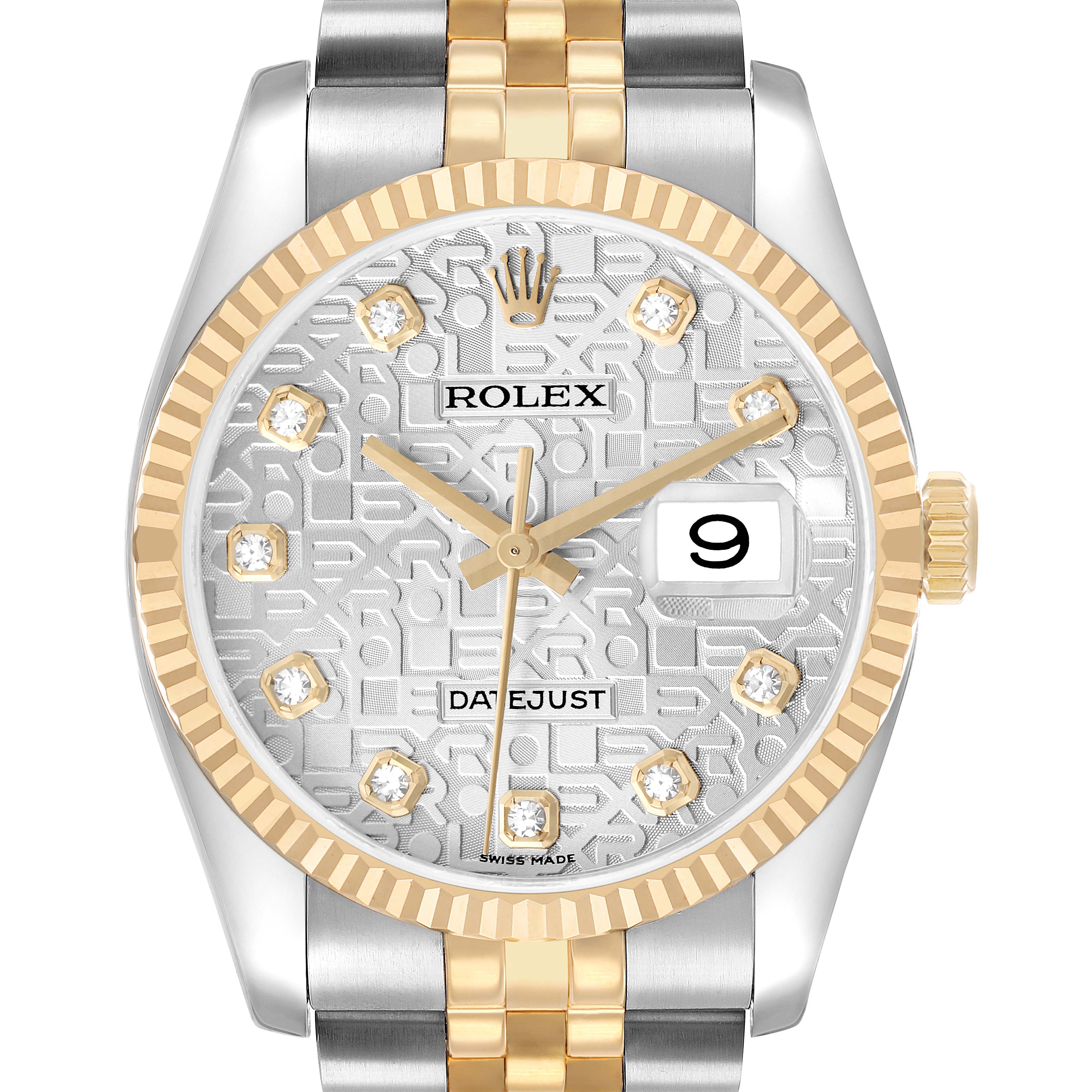 The Rolex Datejust 116233 Men's Steel and Gold (two tone) Silver Dial watch is shown from the front, highlighting the dial, bezel, and part of the bracelet.