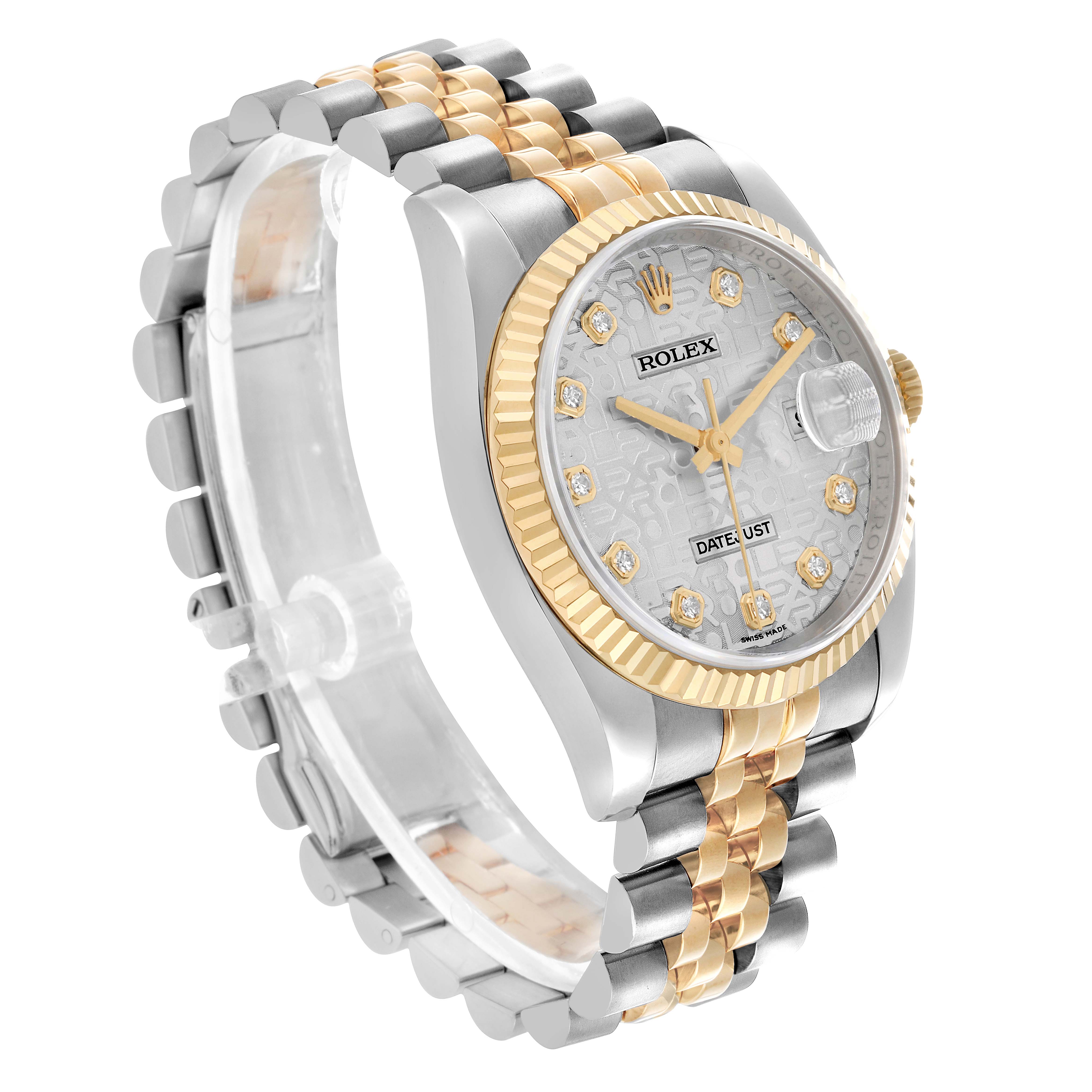 The Rolex Datejust 116233 Men's Steel and Gold (two tone) Silver Dial watch is shown at a three-quarter angle, highlighting the dial, bezel, and bracelet.