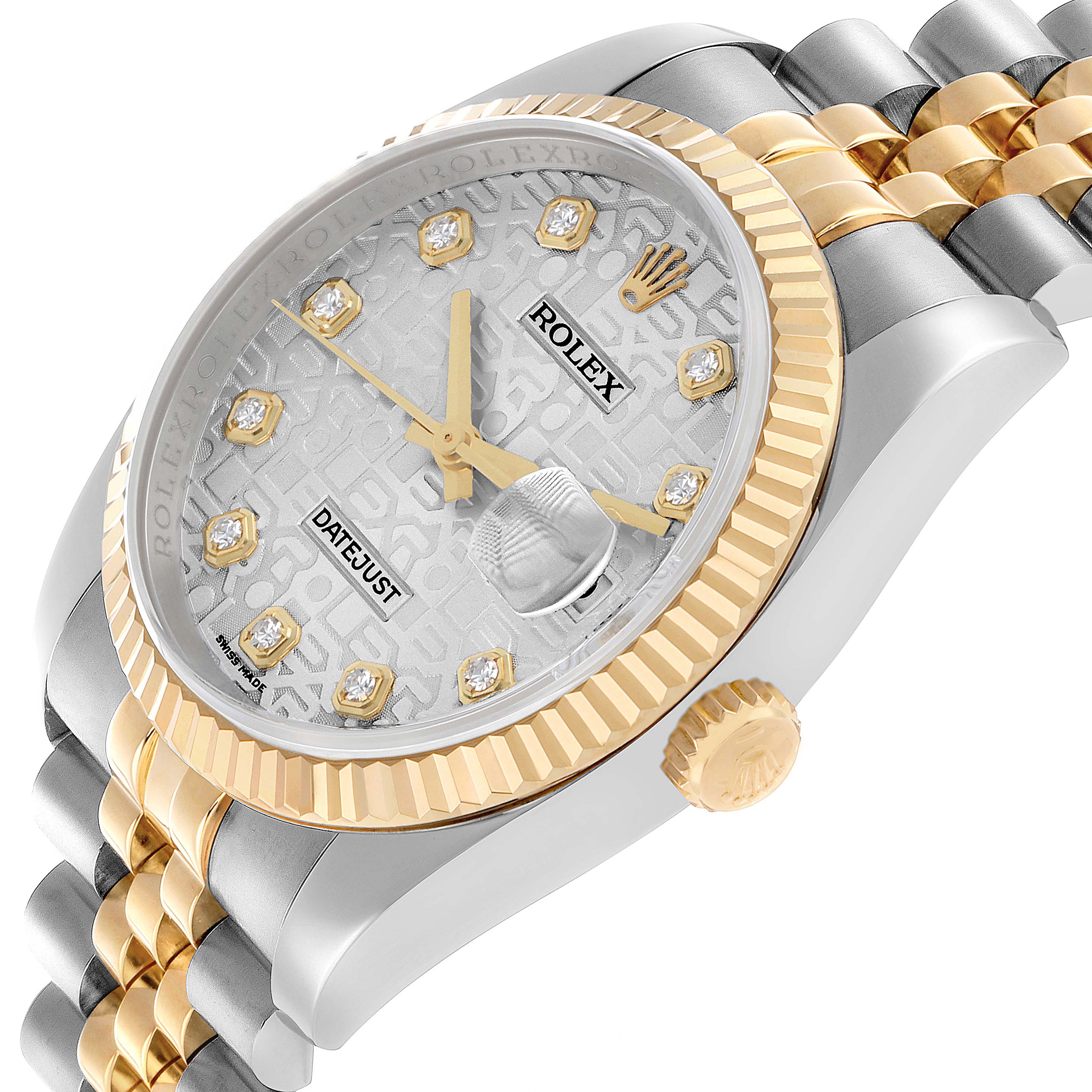 The Rolex Datejust 116233 Men's Steel and Gold (two tone) Silver Dial watch is shown at an angle highlighting the bezel, crown, dial, and part of the Jubilee bracelet.