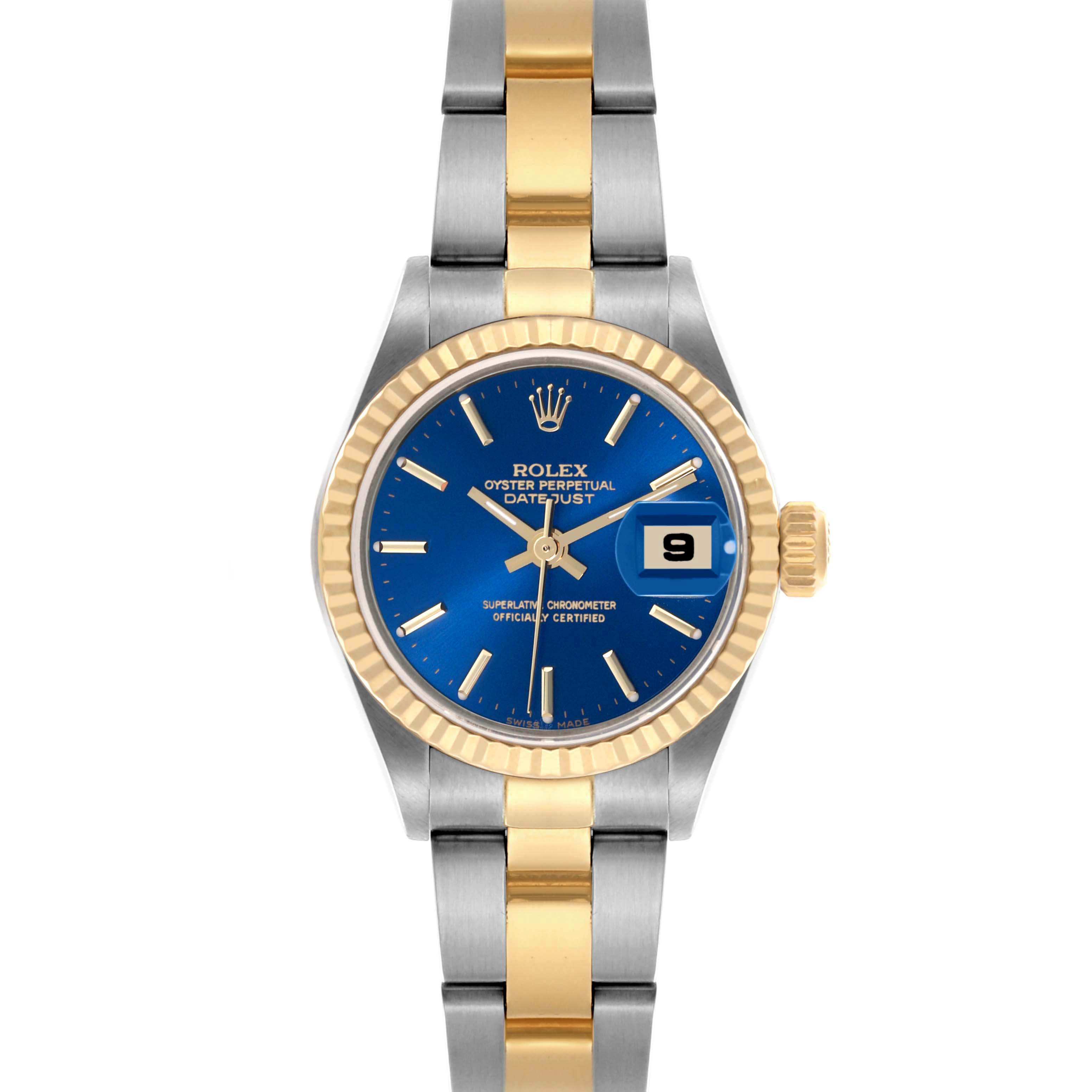 The Rolex Datejust 79173 Women's Steel and Gold (two tone) Blue Dial 79173 Women's Steel and Gold (two tone) Blue Dial watch is shown from the front, highlighting the blue dial, gold bezel, and two-tone bracelet.