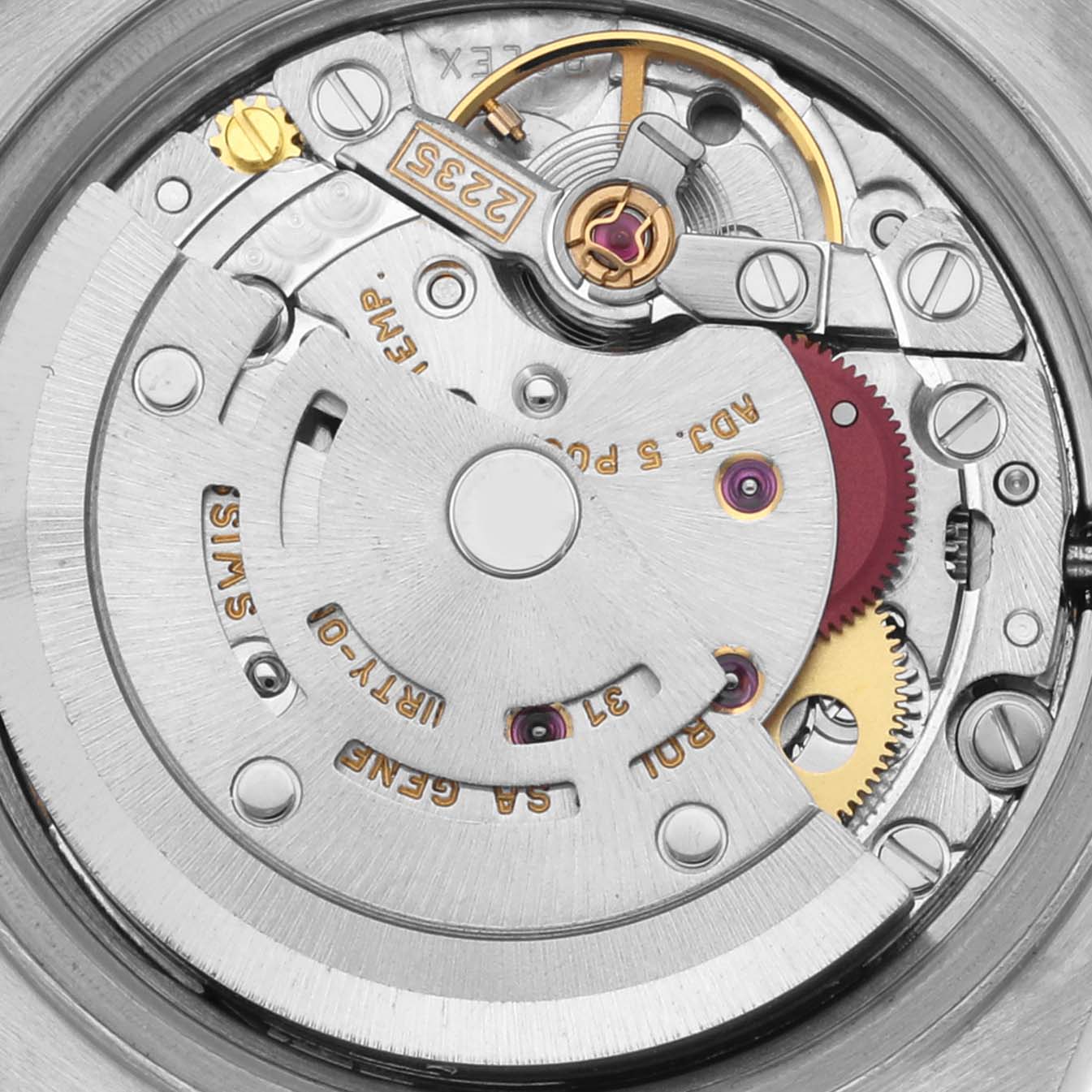 This image shows the movement of a Rolex Datejust 79173 Women's Steel and Gold (two tone) Blue Dial 79173 Women's Steel and Gold (two tone) Blue Dial watch from a top-down angle, highlighting gears and rotors.