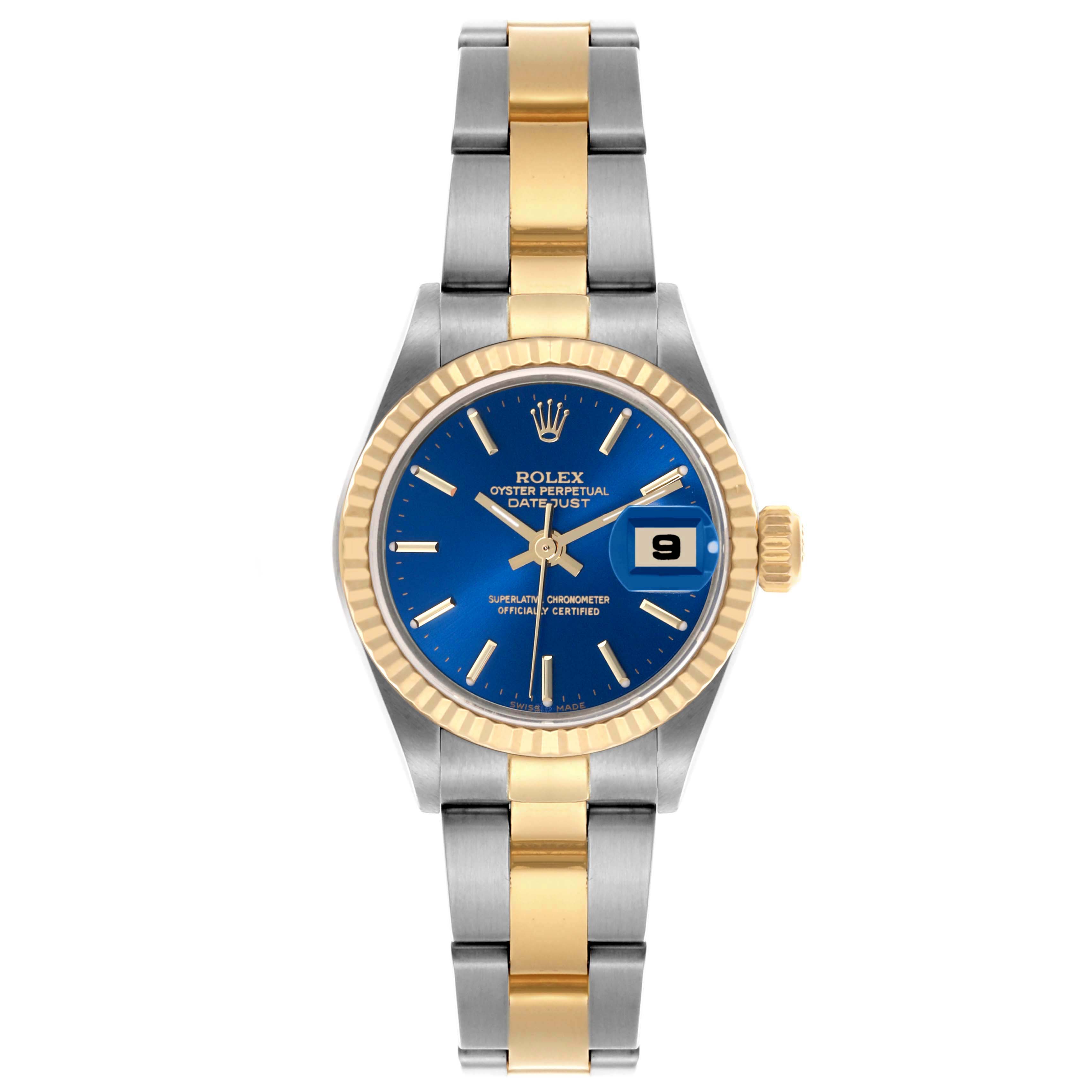 The Rolex Datejust 79173 Women's Steel and Gold (two tone) Blue Dial 79173 Women's Steel and Gold (two tone) Blue Dial watch is shown from a top view, featuring a blue dial, gold fluted bezel, and a two-tone metal bracelet.