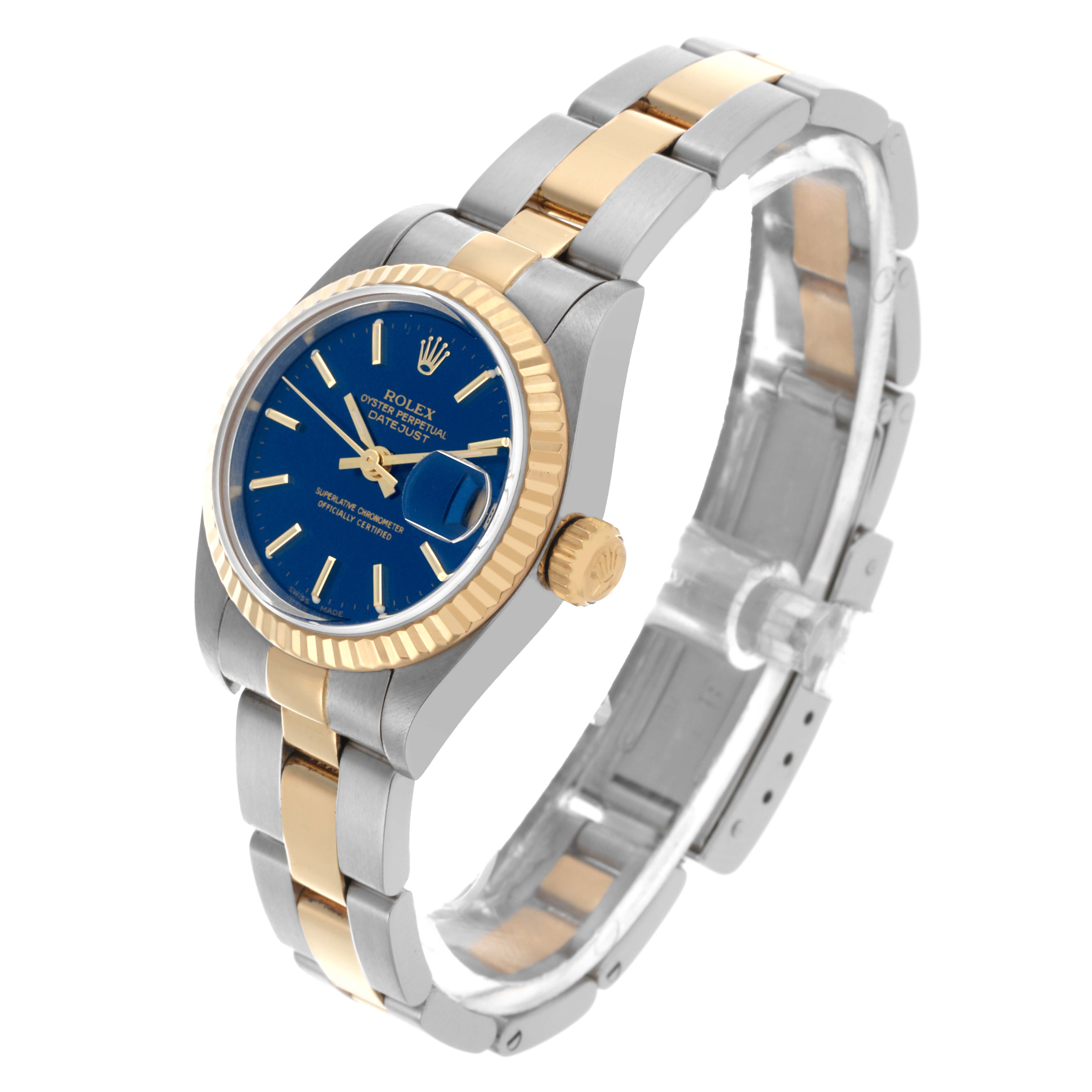 The Rolex Datejust 79173 Women's Steel and Gold (two tone) Blue Dial 79173 Women's Steel and Gold (two tone) Blue Dial watch is shown at a slight angled top view, displaying the face, bezel, crown, and bracelet.