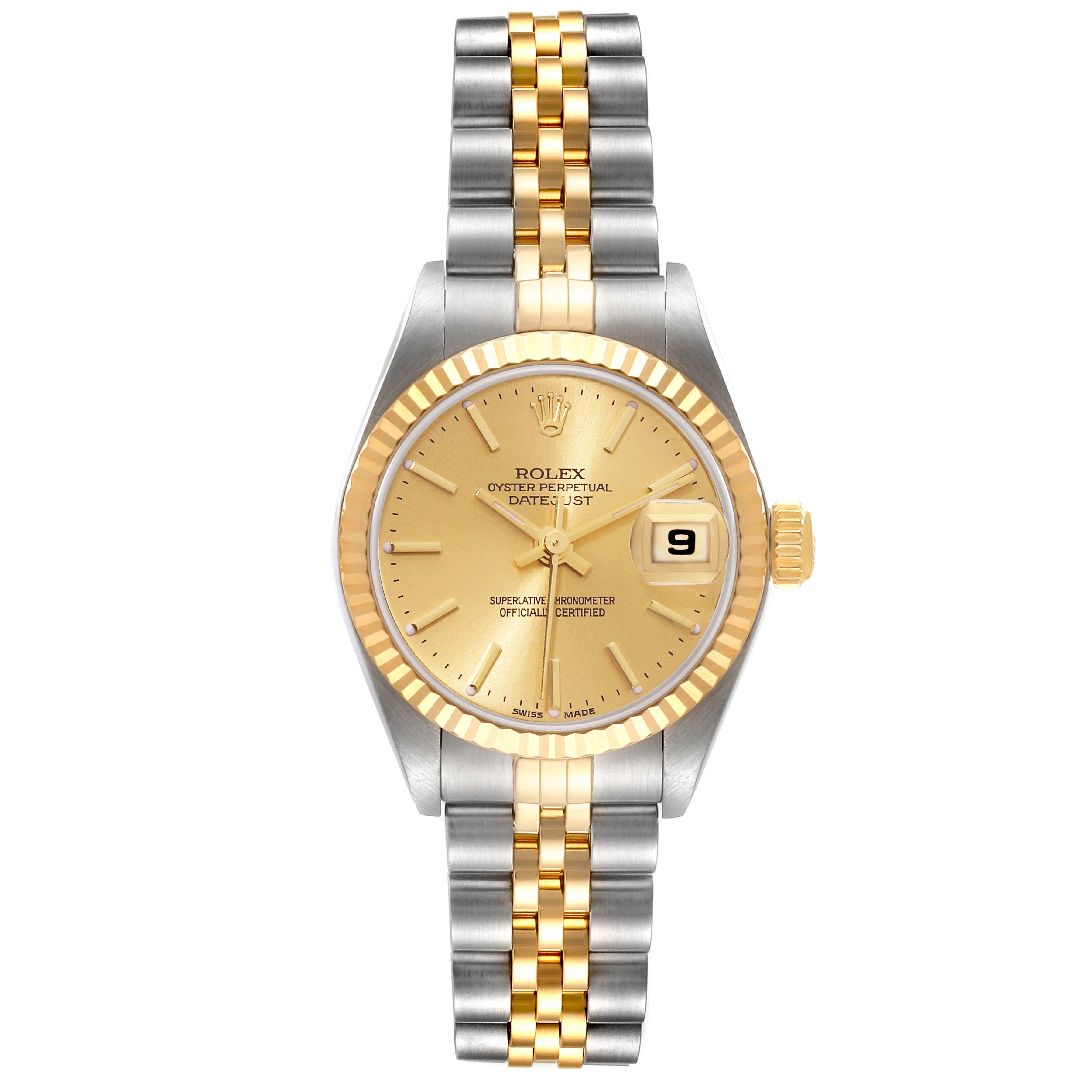 This image shows a front view of the Rolex Datejust 79173 Women's Steel and Gold (two tone) Champagne Dial 79173 Women's Steel and Gold (two tone) Champagne Dial watch, highlighting its dial, bezel, and two-tone bracelet.