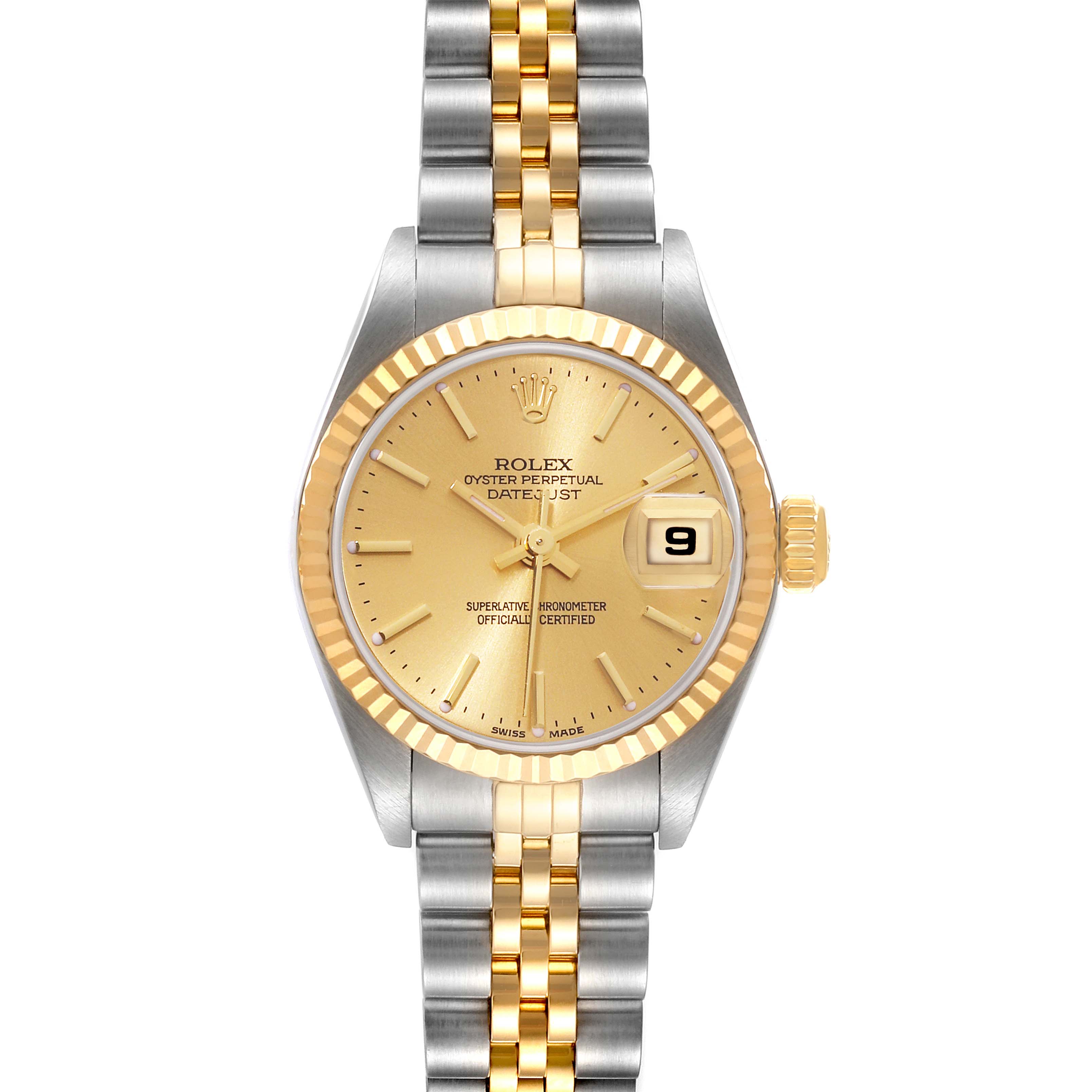 This image shows a front view of a Rolex Datejust 79173 Women's Steel and Gold (two tone) Champagne Dial 79173 Women's Steel and Gold (two tone) Champagne Dial watch with a two-tone gold and silver band.