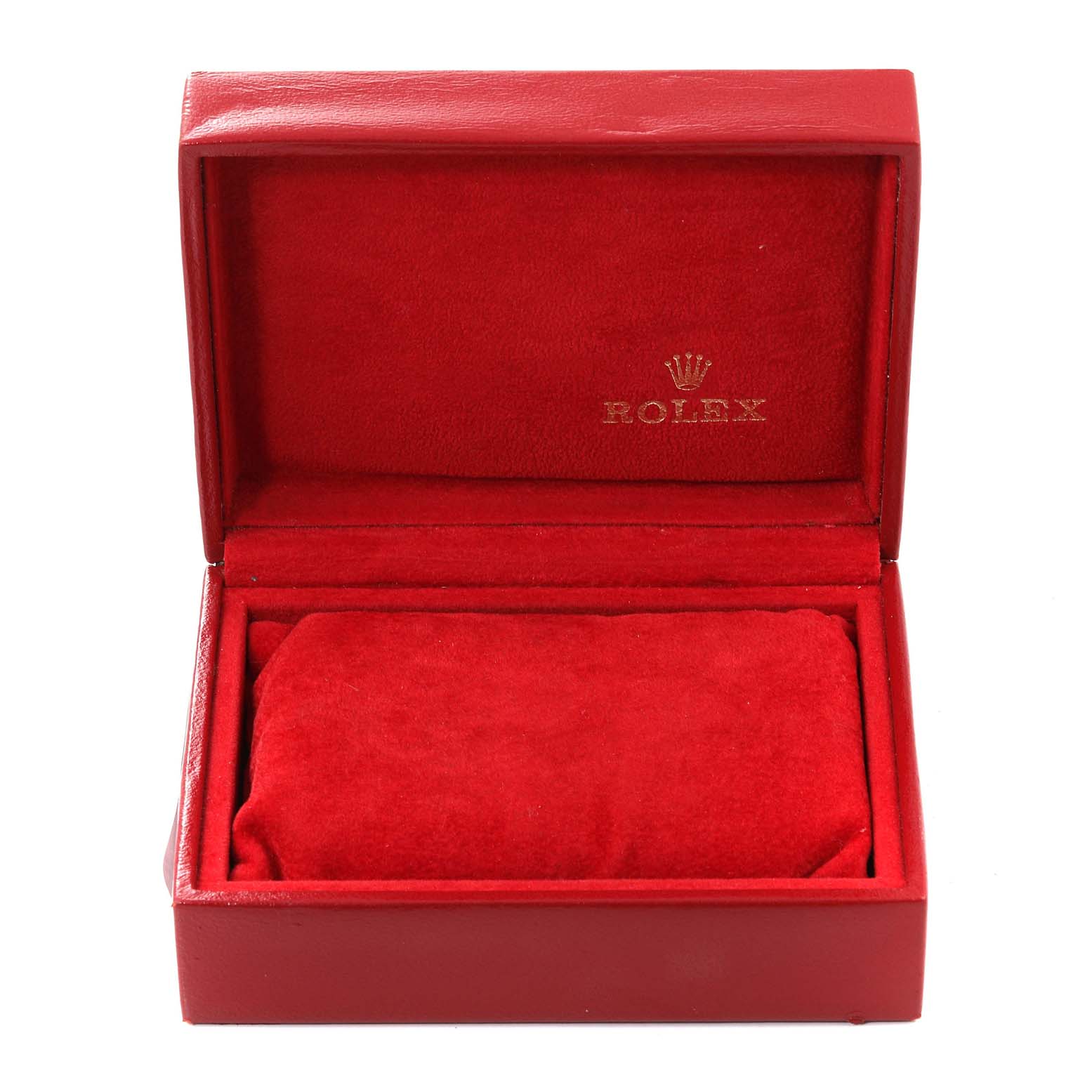 This image shows an open red Rolex Datejust 79173 Women's Steel and Gold (two tone) Champagne Dial 79173 Women's Steel and Gold (two tone) Champagne Dial watch box with the brand logo inside.