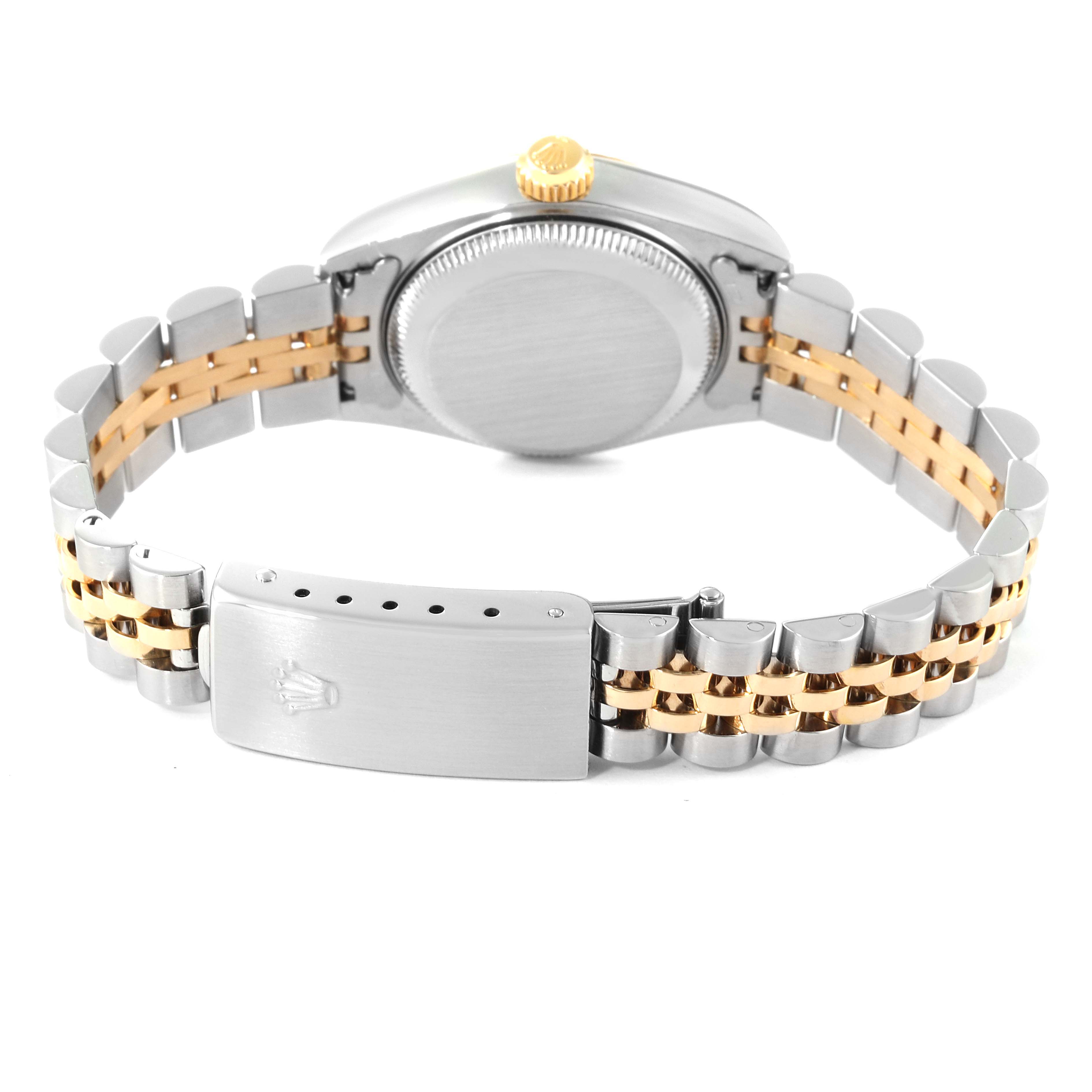 This image shows the back of a Rolex Datejust 79173 Women's Steel and Gold (two tone) Champagne Dial 79173 Women's Steel and Gold (two tone) Champagne Dial watch, focusing on the bracelet and clasp.