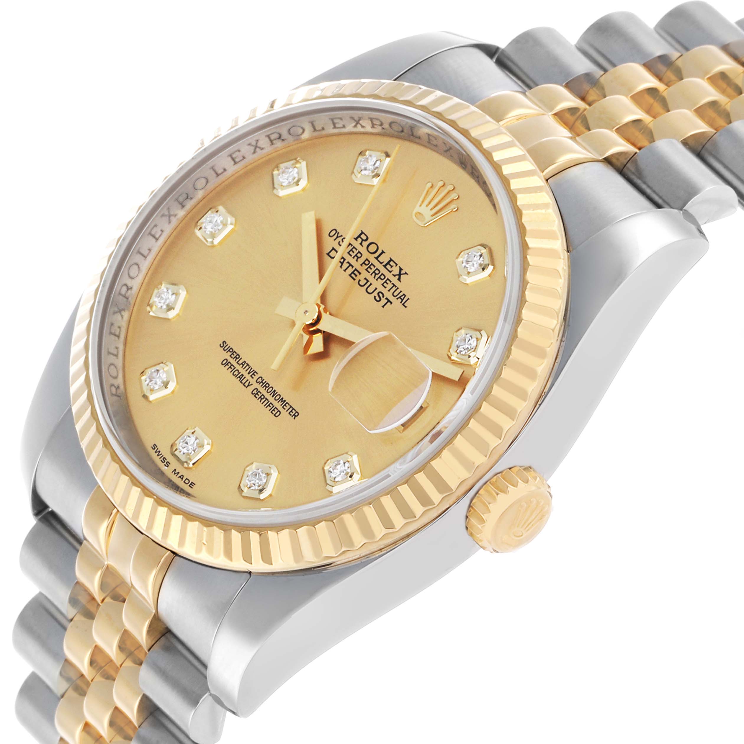 The Rolex Datejust 116233 Men's Steel and Gold (two tone) Champagne Dial watch is shown at an angled view highlighting the dial, bezel, and two-tone bracelet.