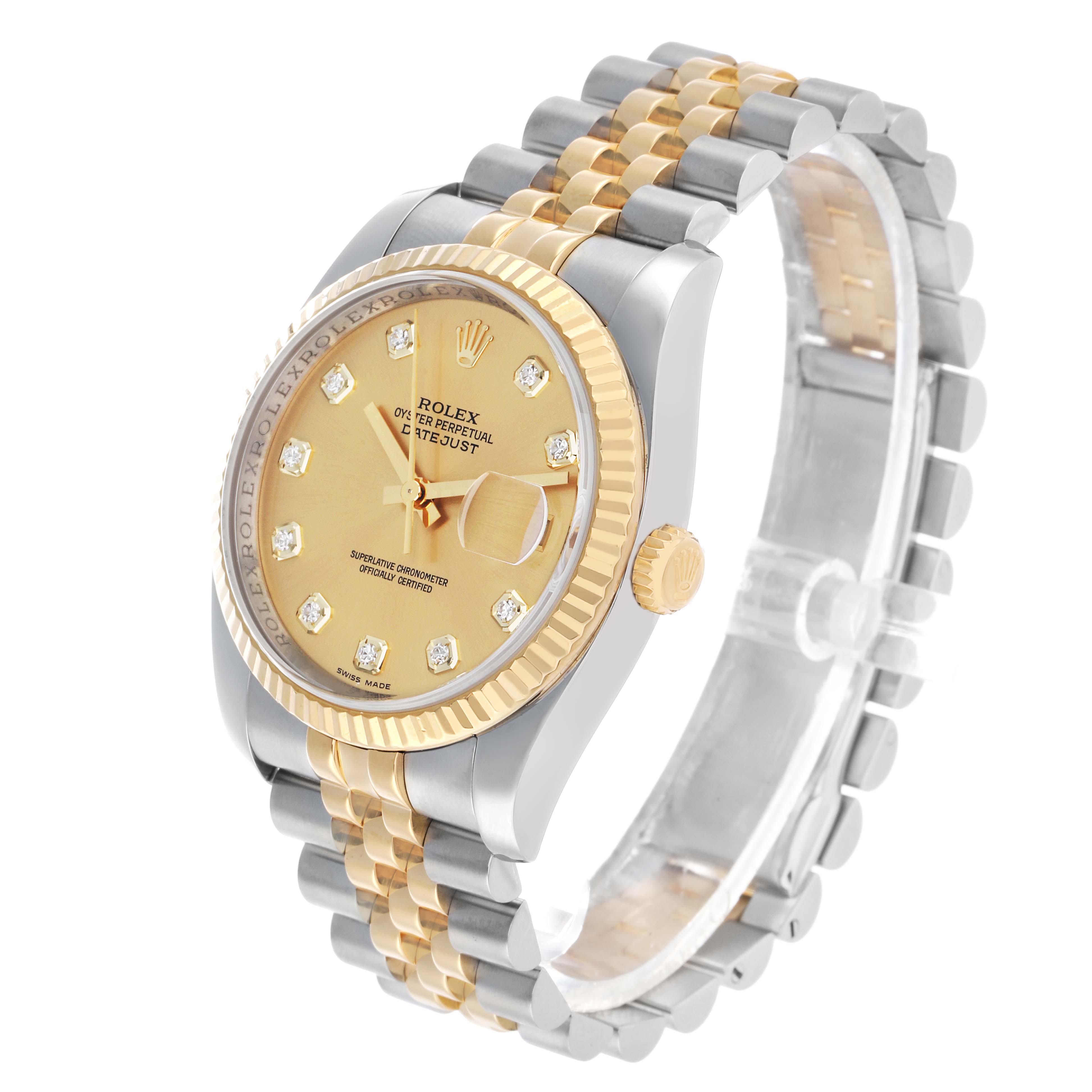 The Rolex Datejust 116233 Men's Steel and Gold (two tone) Champagne Dial watch is shown at a three-quarter angle, highlighting the gold fluted bezel, dial, and two-tone Jubilee bracelet.