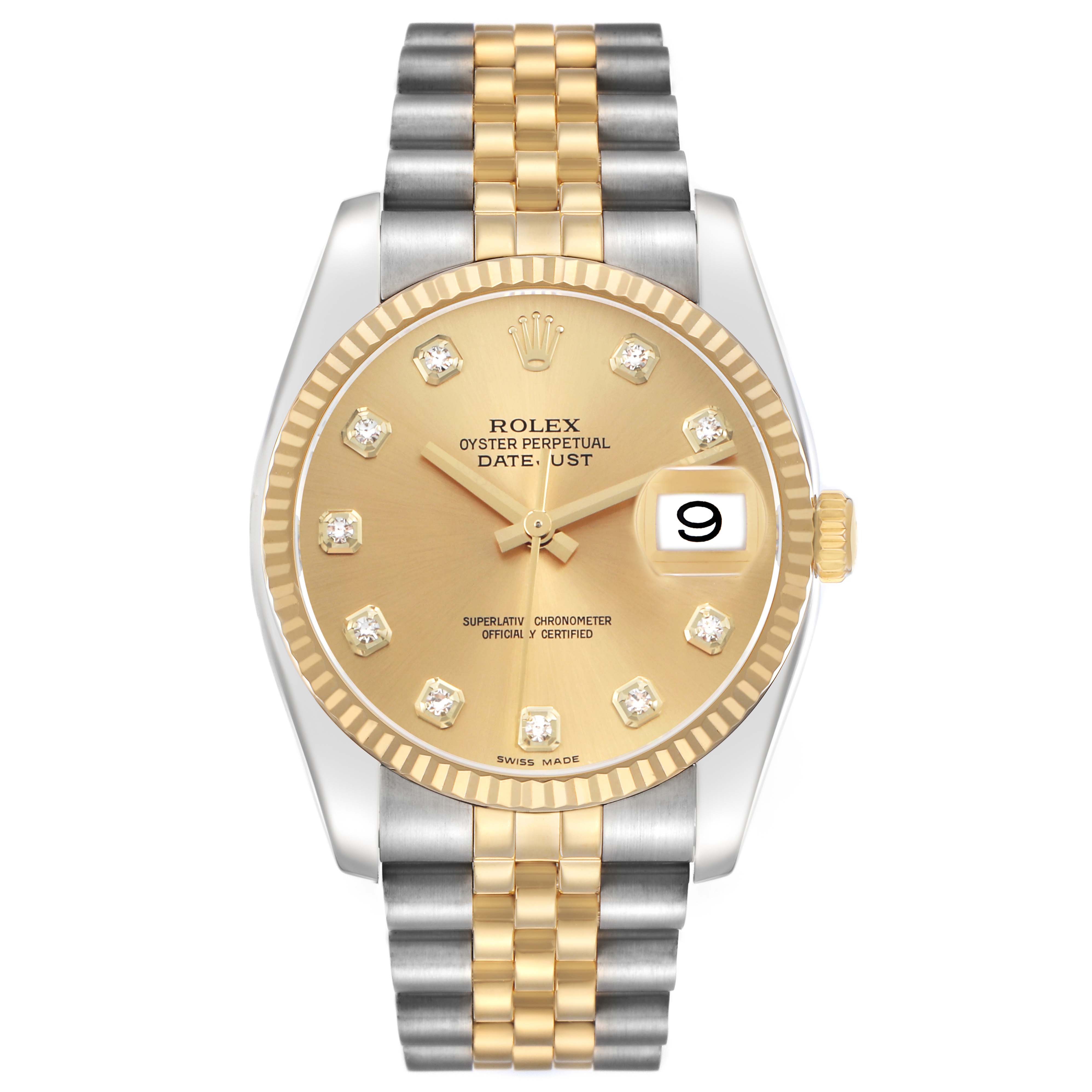 The Rolex Datejust 116233 Men's Steel and Gold (two tone) Champagne Dial watch is shown from a front angle, highlighting its dial, fluted bezel, and two-tone bracelet.