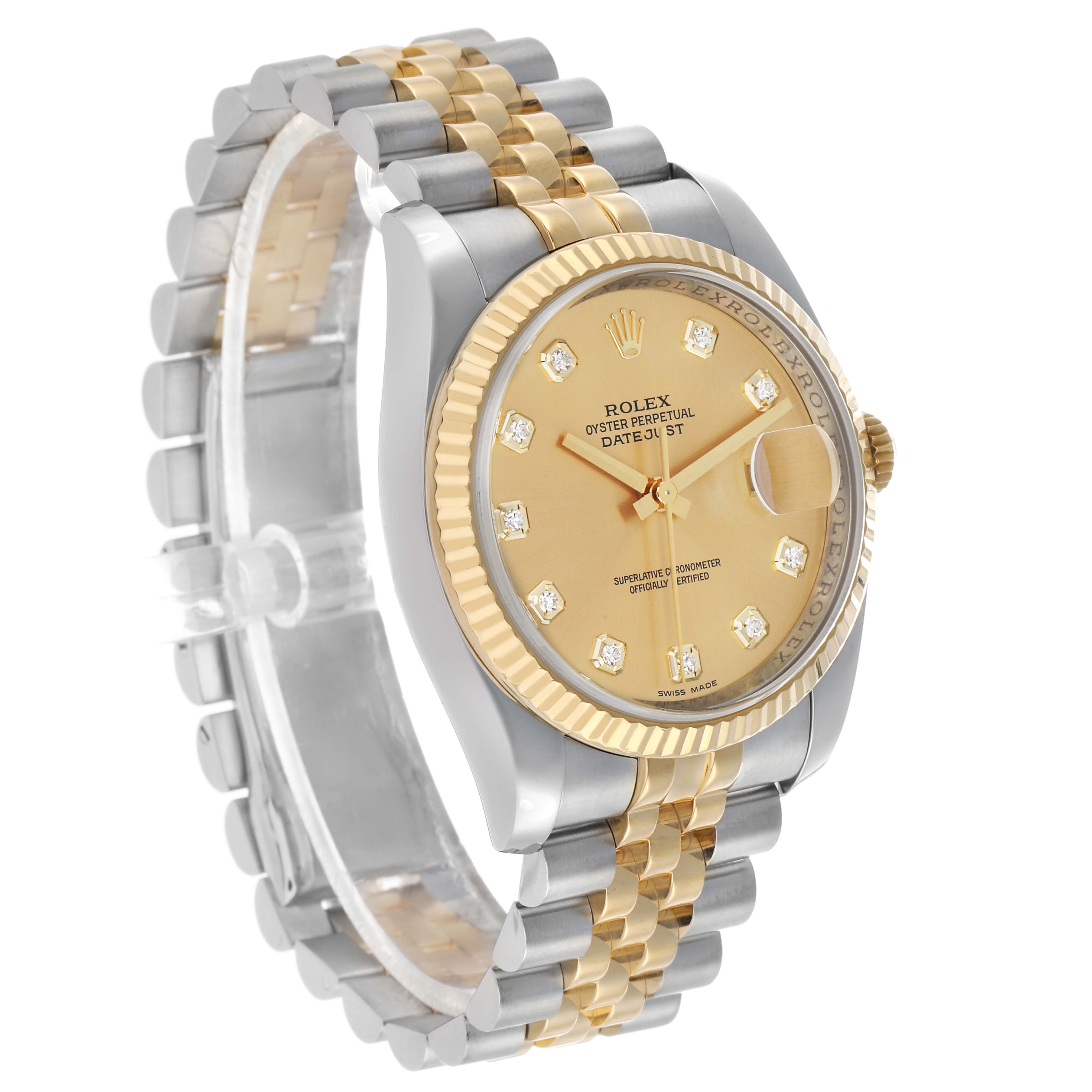 The Rolex Datejust 116233 Men's Steel and Gold (two tone) Champagne Dial watch is shown at an angled view showcasing its face, fluted bezel, and Jubilee bracelet.