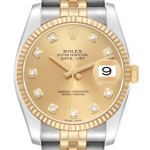 The Rolex Datejust 116233 Men's Steel and Gold (two tone) Champagne Dial watch is shown from the front, highlighting its gold dial, diamond hour markers, and two-tone bracelet.