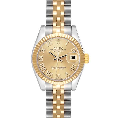 This Rolex Datejust 179173 Women's Steel and Gold (two tone) Champagne Dial watch is shown from a front angle, displaying the dial, fluted bezel, and Jubilee bracelet.
