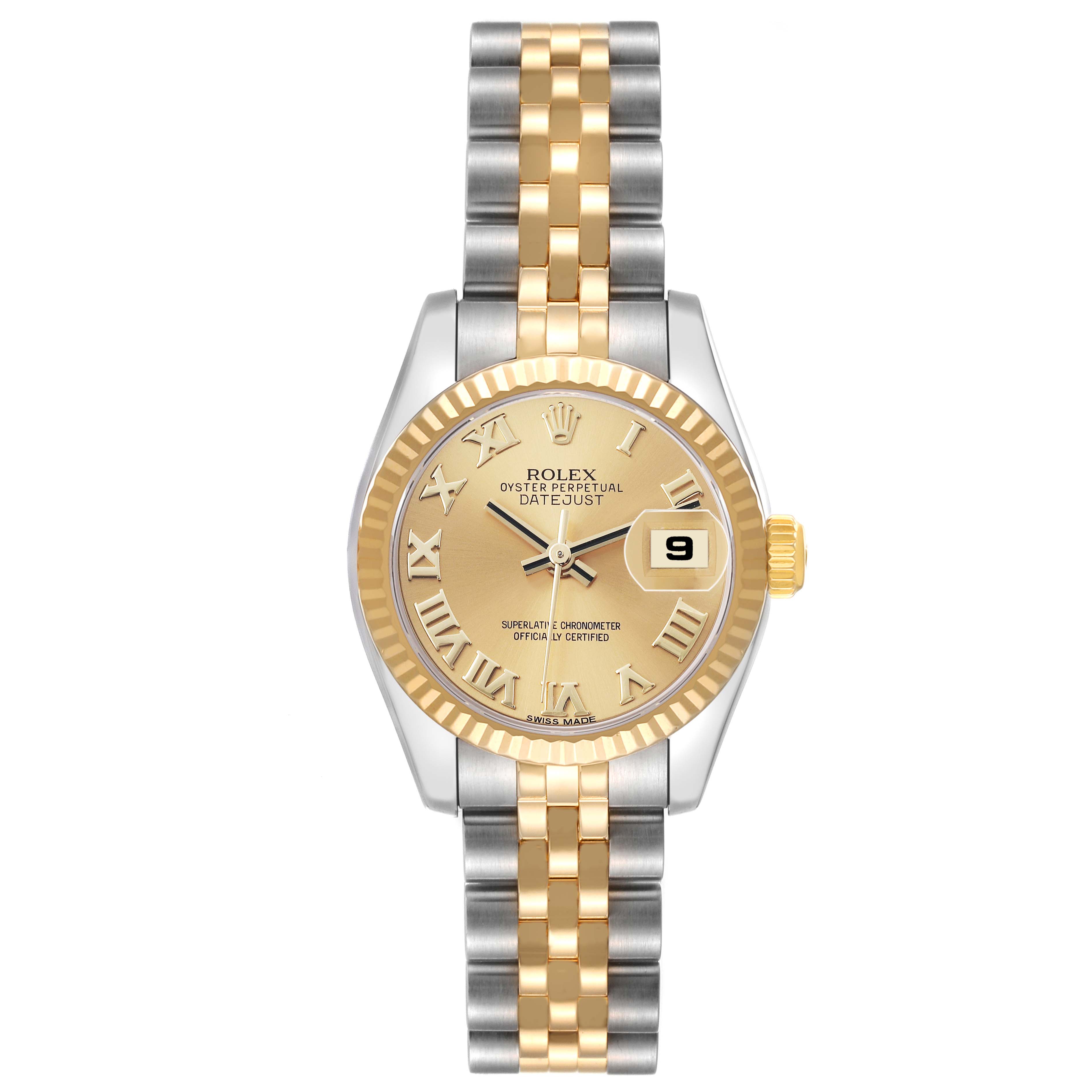 The Rolex Datejust 179173 Women's Steel and Gold (two tone) Champagne Dial watch is shown from the front, displaying the dial, fluted bezel, and two-tone Jubilee bracelet.