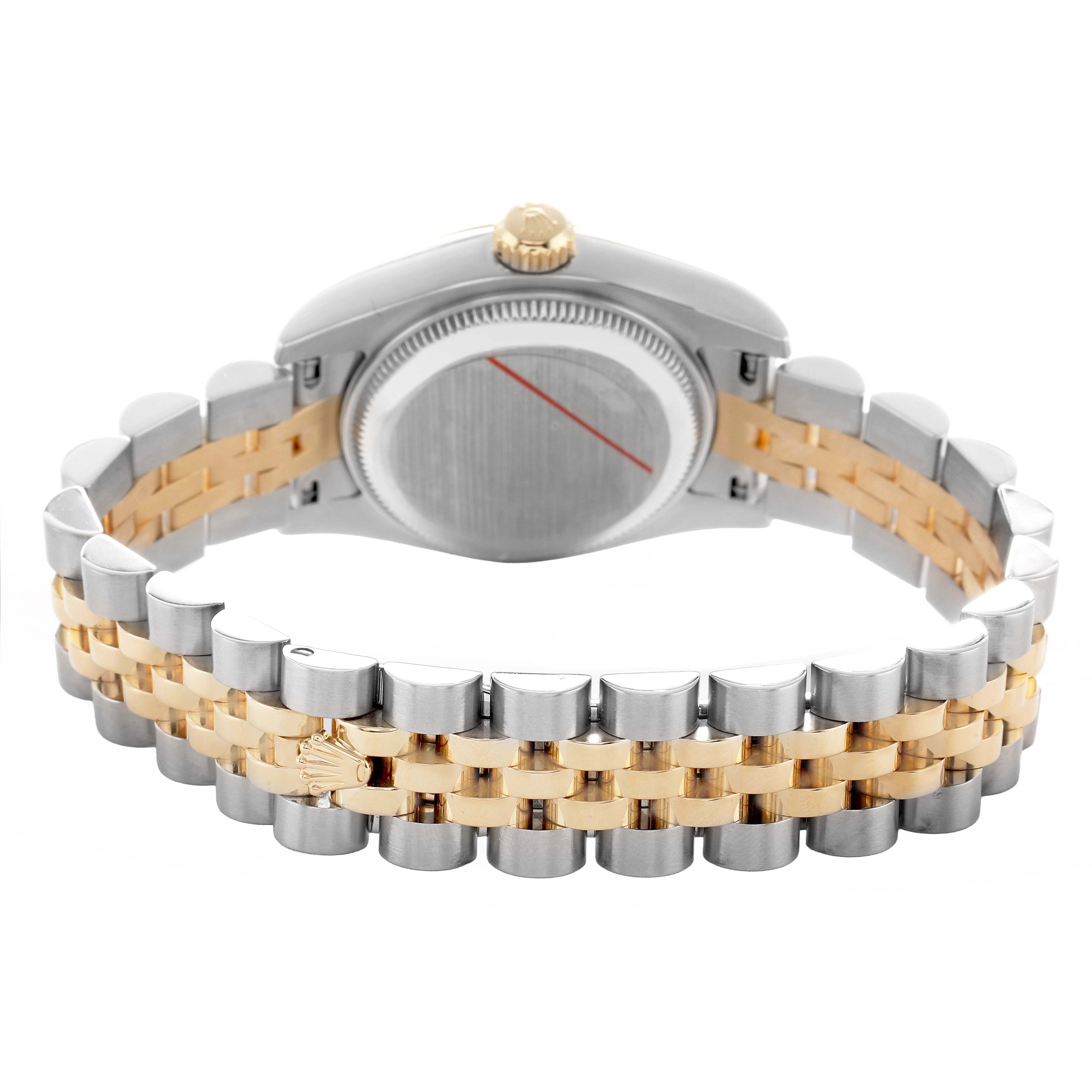 The image shows the back of a Rolex Datejust 179173 Women's Steel and Gold (two tone) Champagne Dial, highlighting the case, two-tone jubilee bracelet, and crown.