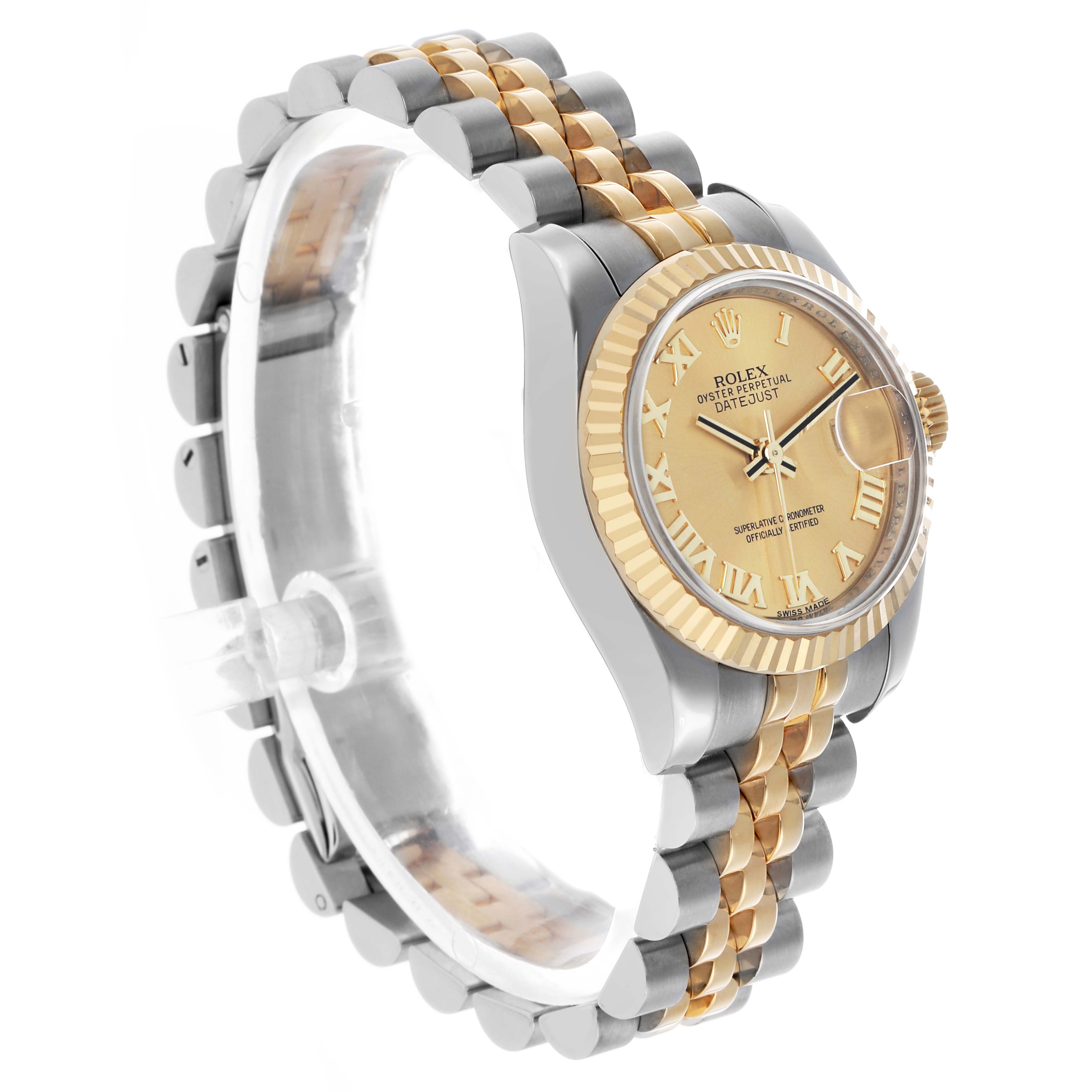 The Rolex Datejust 179173 Women's Steel and Gold (two tone) Champagne Dial watch is shown at a side angle, highlighting the dial, case, crown, and two-tone bracelet.