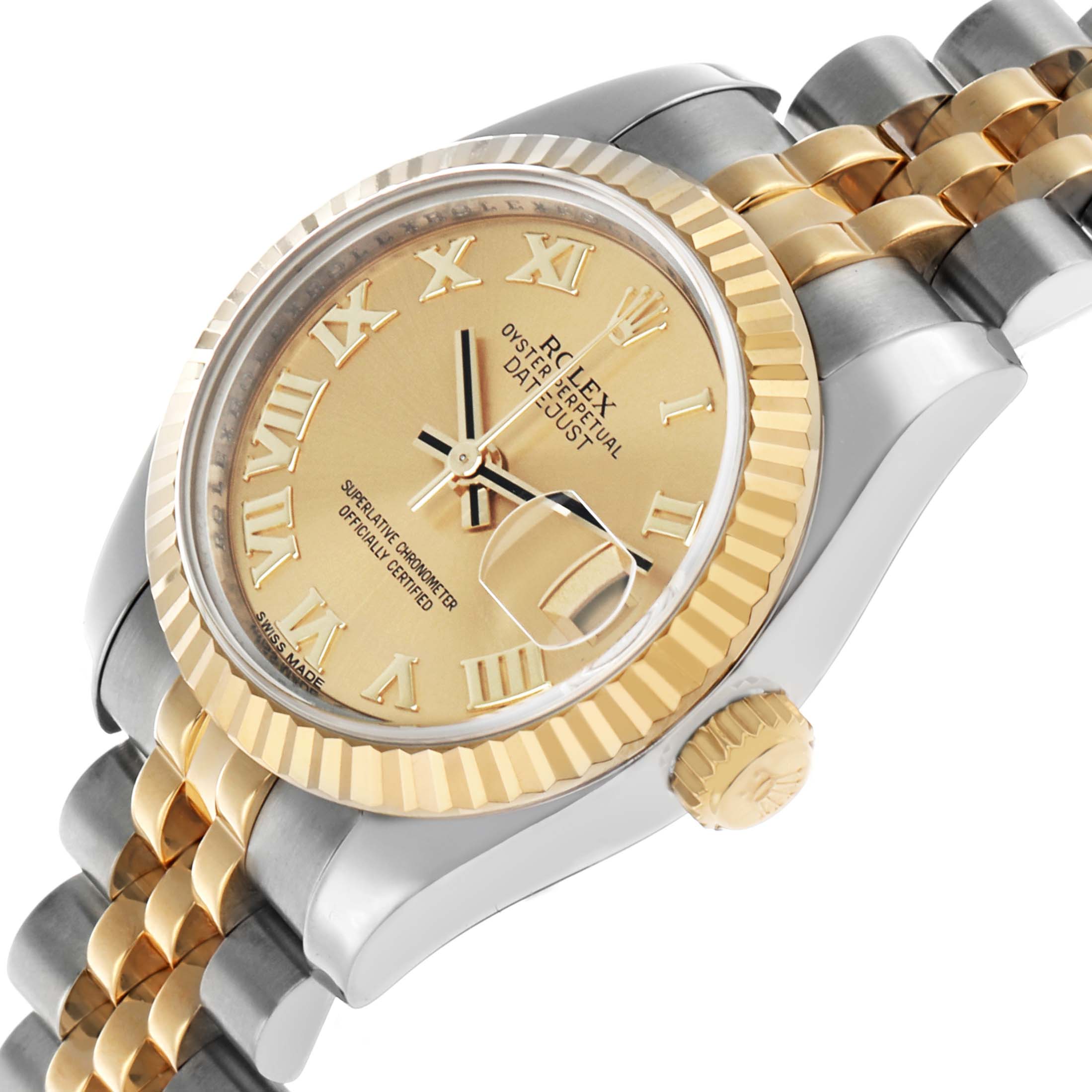 The Rolex Datejust 179173 Women's Steel and Gold (two tone) Champagne Dial watch is shown at an angle highlighting the face, fluted bezel, crown, and two-tone Jubilee bracelet.