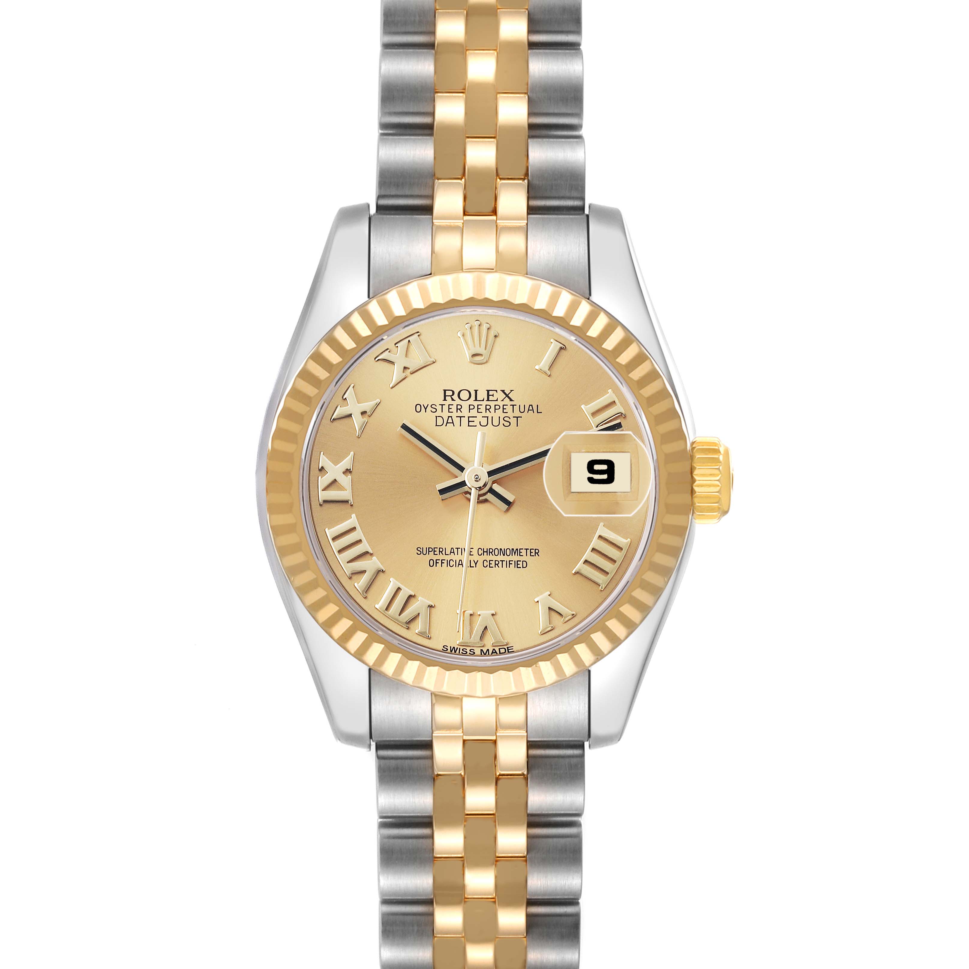 The Rolex Datejust 179173 Women's Steel and Gold (two tone) Champagne Dial watch is shown from a top-down angle, highlighting the dial, bezel, crown, and two-tone bracelet.