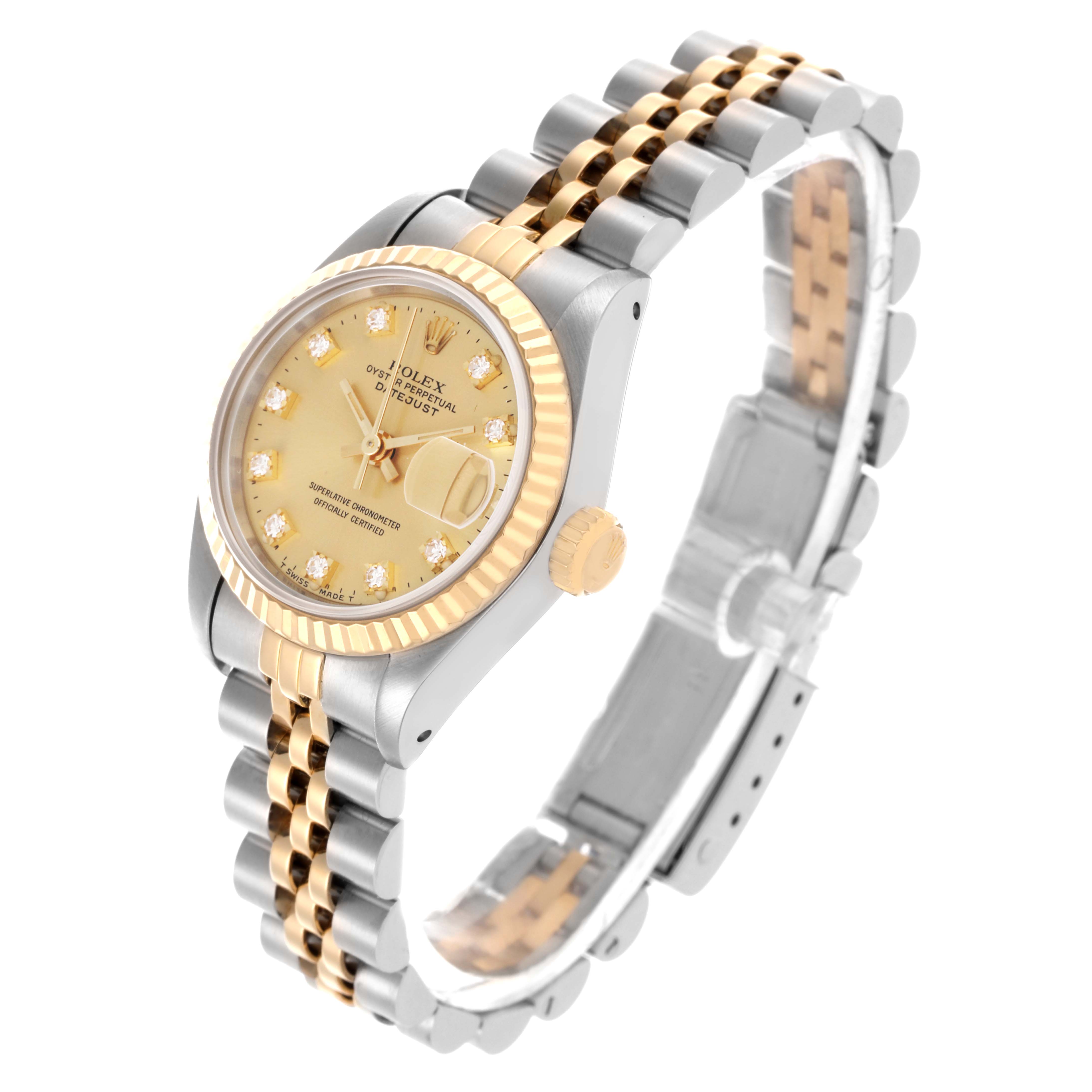 The Rolex Datejust 69173 Women's Steel and Gold (two tone) Champagne Dial 69173 Women's Steel and Gold (two tone) Champagne Dial watch is shown at an angled view, highlighting the dial, bezel, crown, and bracelet.