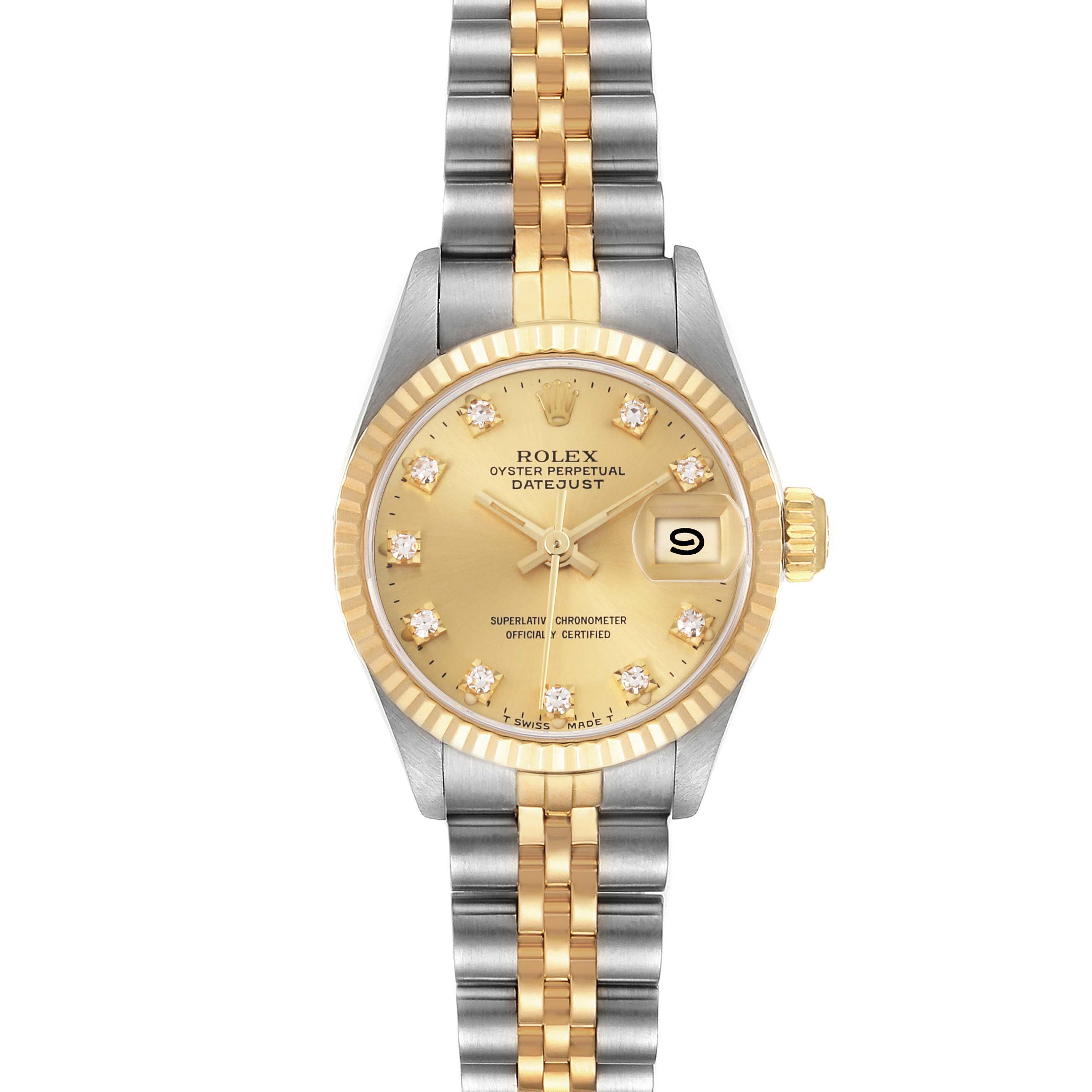 The Rolex Datejust 69173 Women's Steel and Gold (two tone) Champagne Dial 69173 Women's Steel and Gold (two tone) Champagne Dial watch is shown from a front angle, highlighting its dial, bezel, and bracelet.