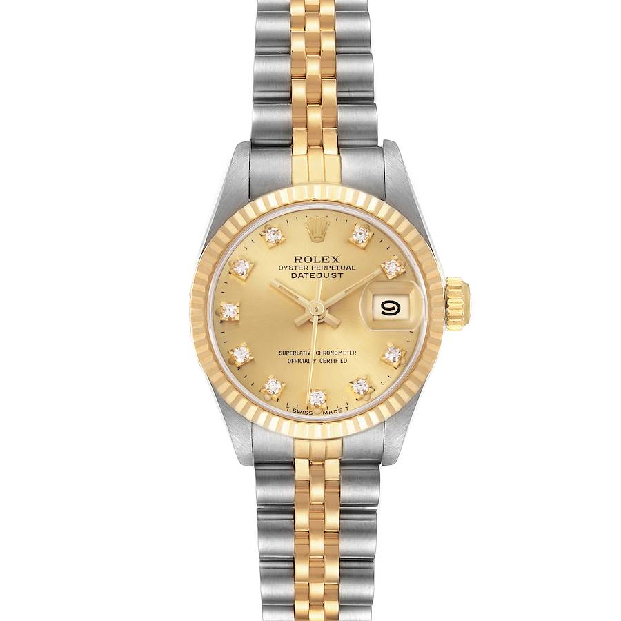 The Rolex Datejust watch is shown from a front angle, highlighting its dial, bezel, and bracelet.