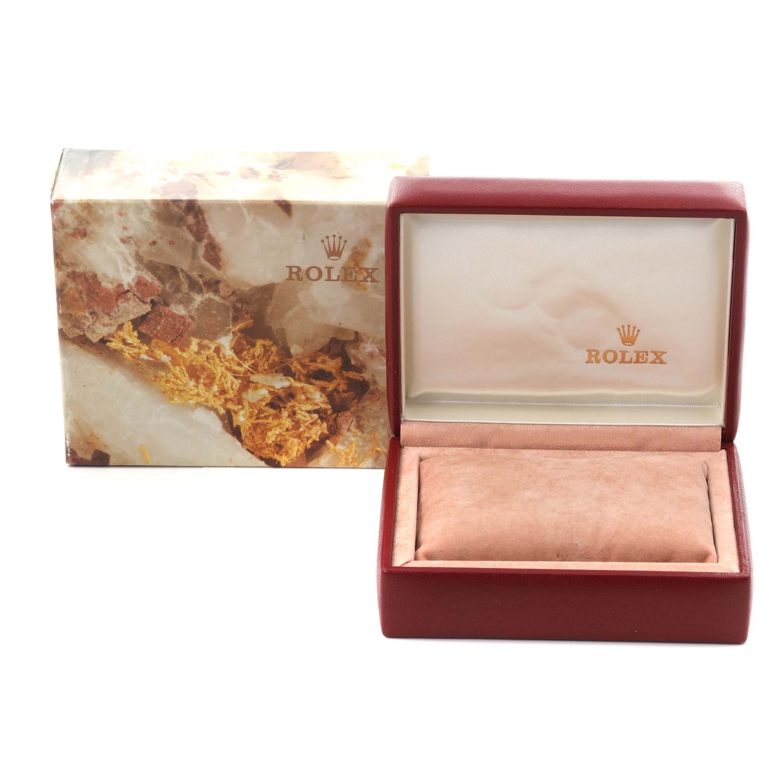 The image shows an empty Rolex Datejust 69173 Women's Steel and Gold (two tone) Champagne Dial 69173 Women's Steel and Gold (two tone) Champagne Dial watch box and outer packaging, viewed from the front.