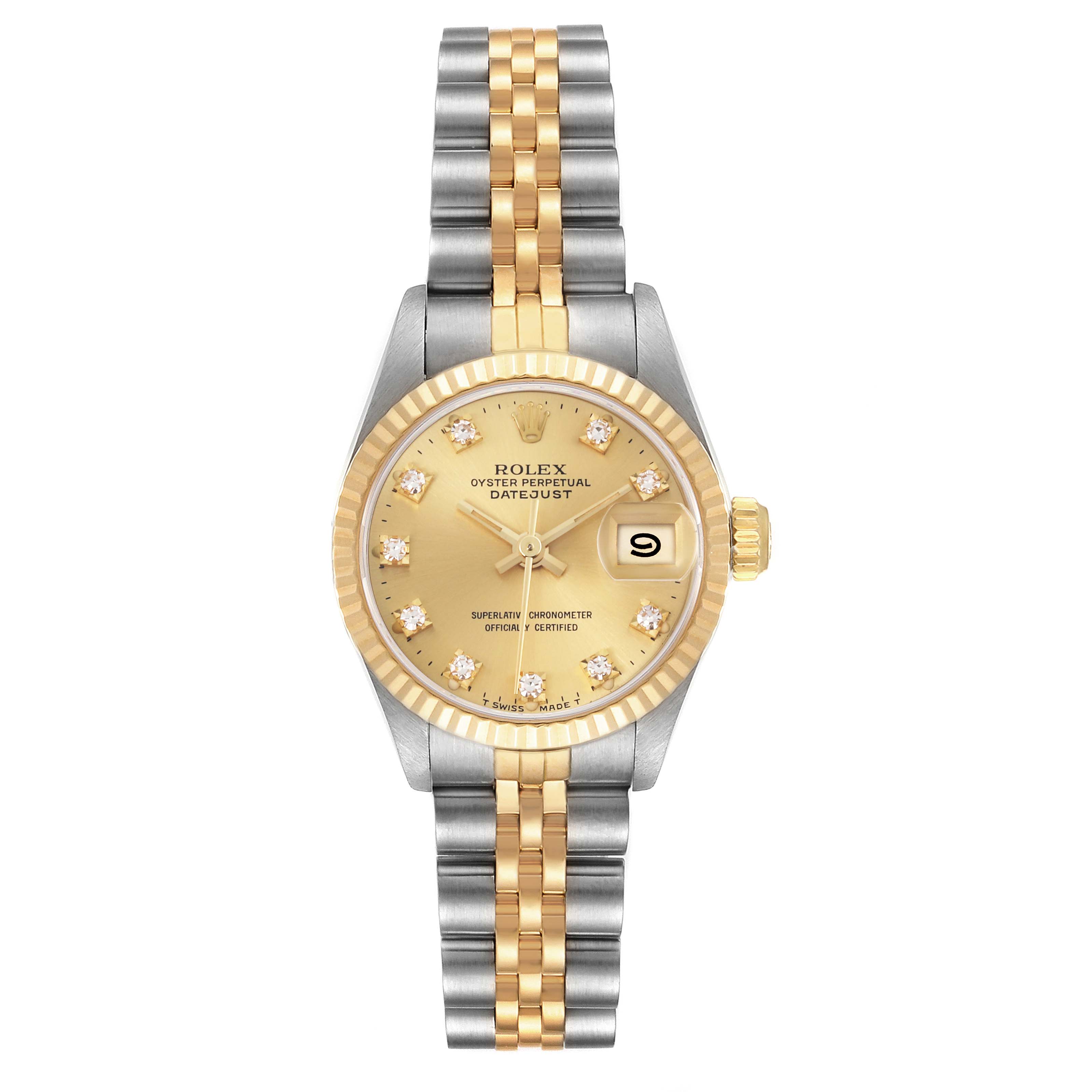 The Rolex Datejust 69173 Women's Steel and Gold (two tone) Champagne Dial 69173 Women's Steel and Gold (two tone) Champagne Dial is shown from a front angle, displaying its dial, bezel, and jubilee bracelet.